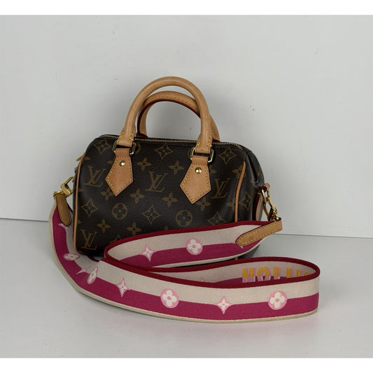 Louis Vuitton Speedy 20 HandBag Bandouliere Monogram Canvas & Pink Strap NFC E1