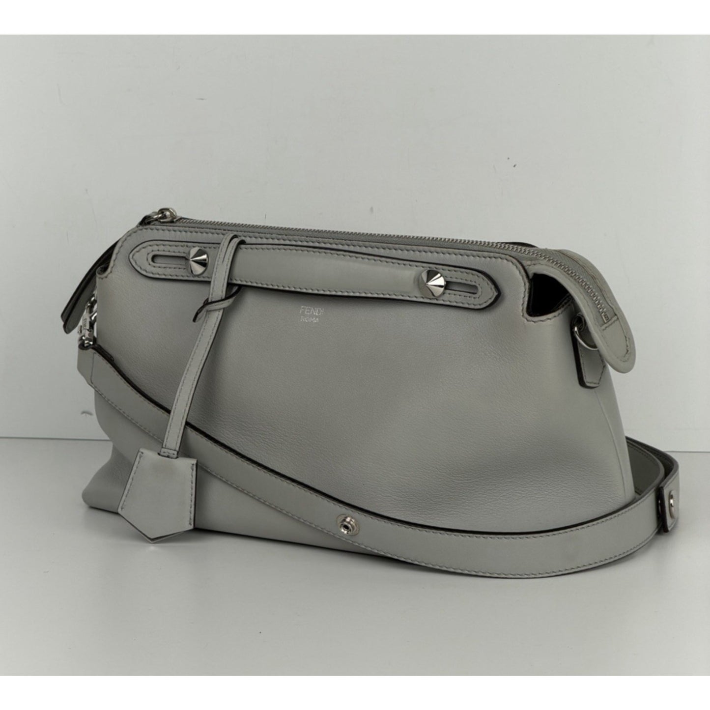 Fendi By The Way Medium Satchel Bag in Gray Leather with Studded Details S01