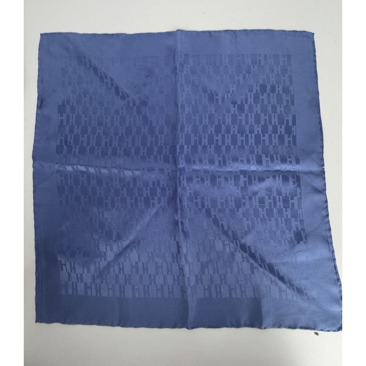 Hermes H Blue Monogram Pattern Petit Carre Pocket Square Silk Scarf 16in