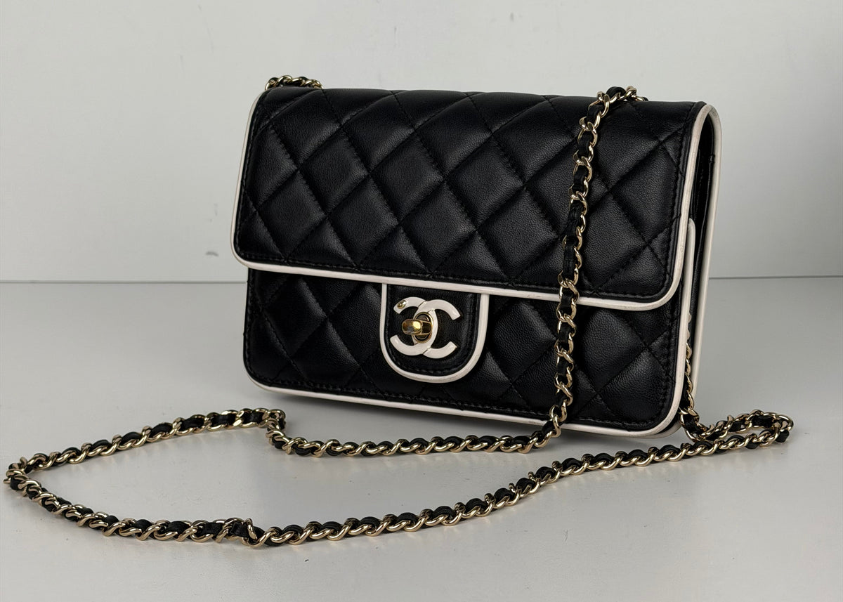 Chanel Wallet on Chain Crossbody Bag in Black & White Quilted Lambskin Leather NFC
