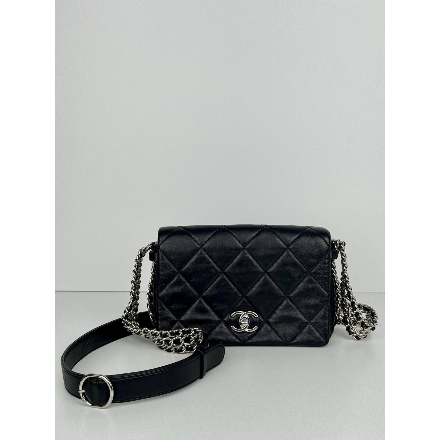 Chanel Chain Rows Flap Bag Black Leather