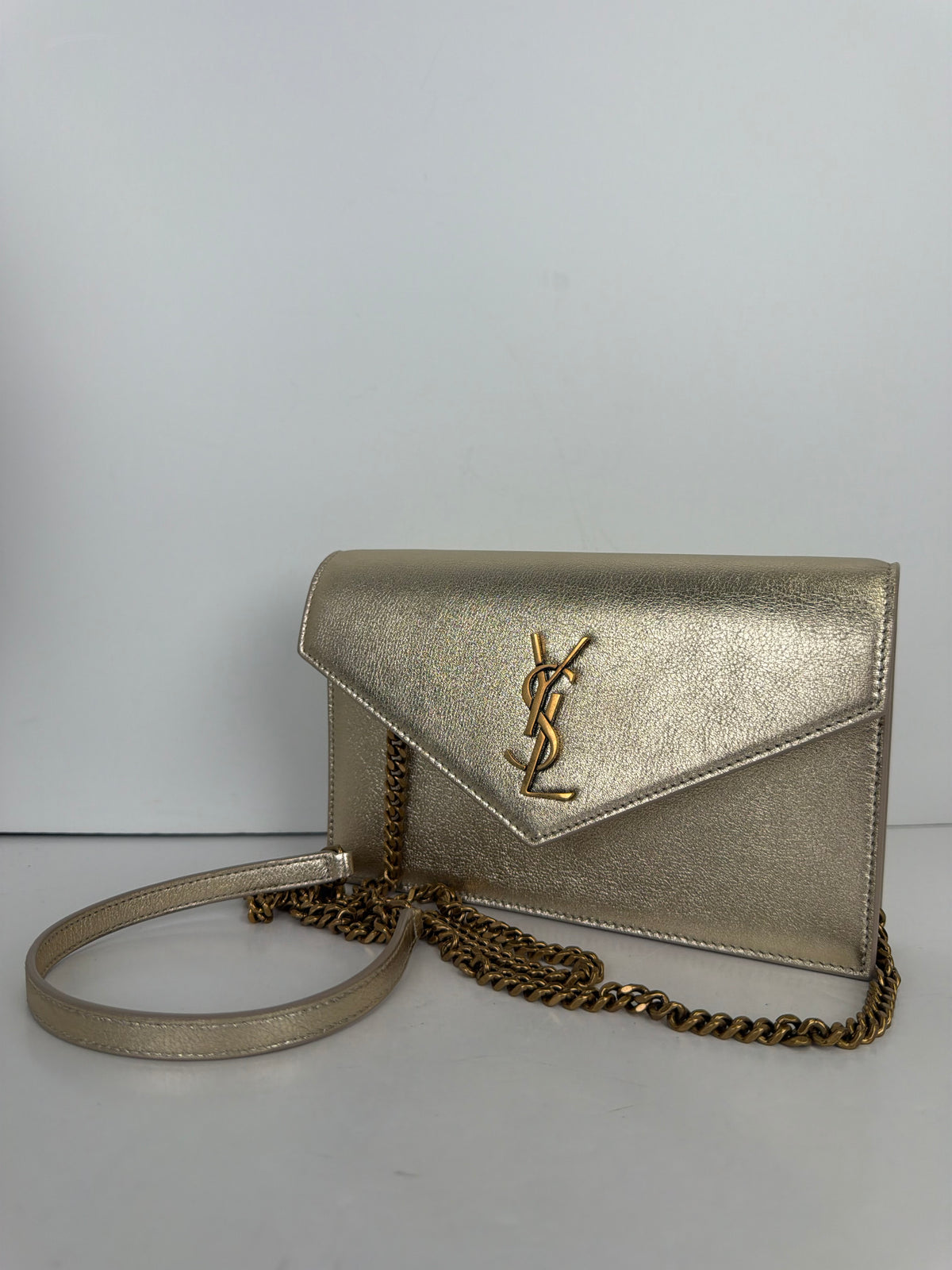Saint Laurent Envelope Chain Wallet Azalea in Metallic Calfskin YS15