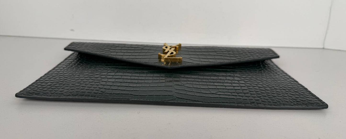 Saint Laurent Uptown Clutch Bag in Dark Green Croc-Embossed Leather YS-10