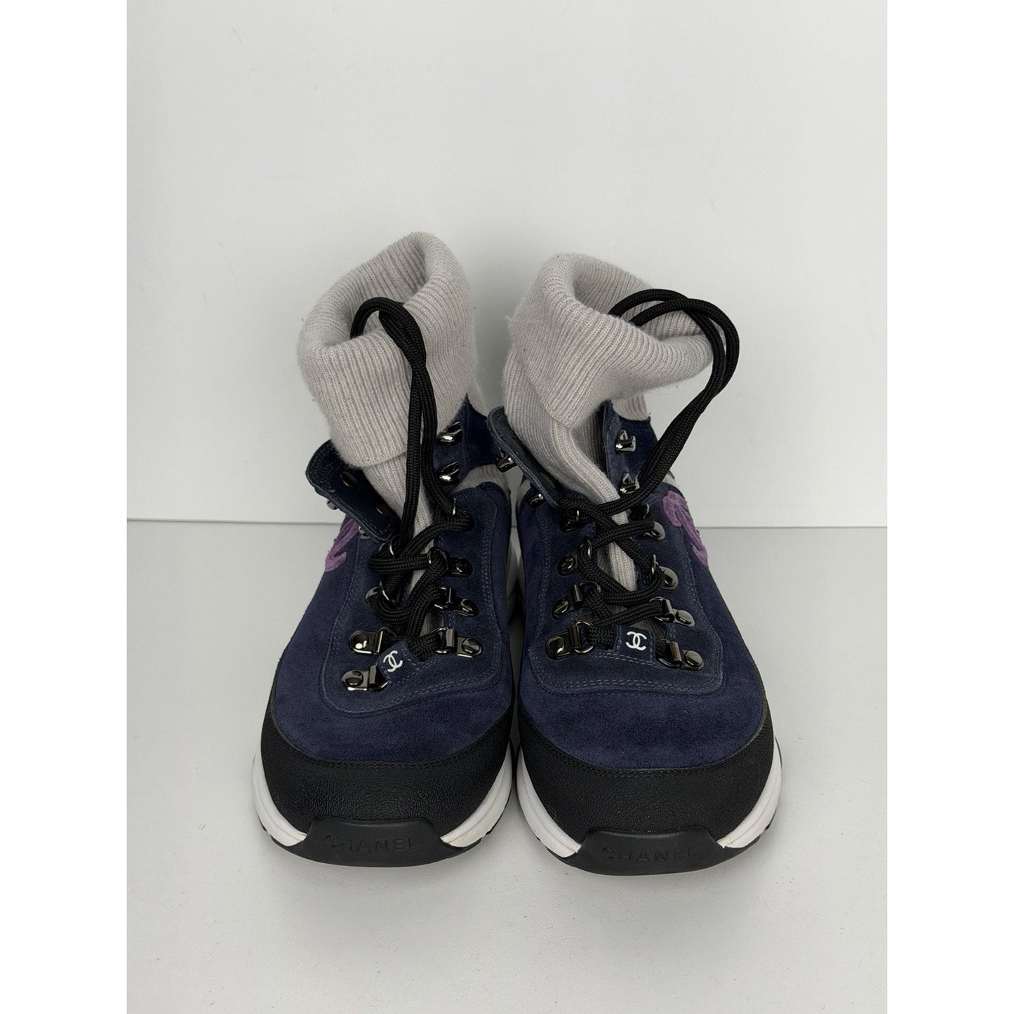 Chanel Suede Calfskin Knit Sock CC Sneakers in Blue and Grey 38EU (7.5-8US)