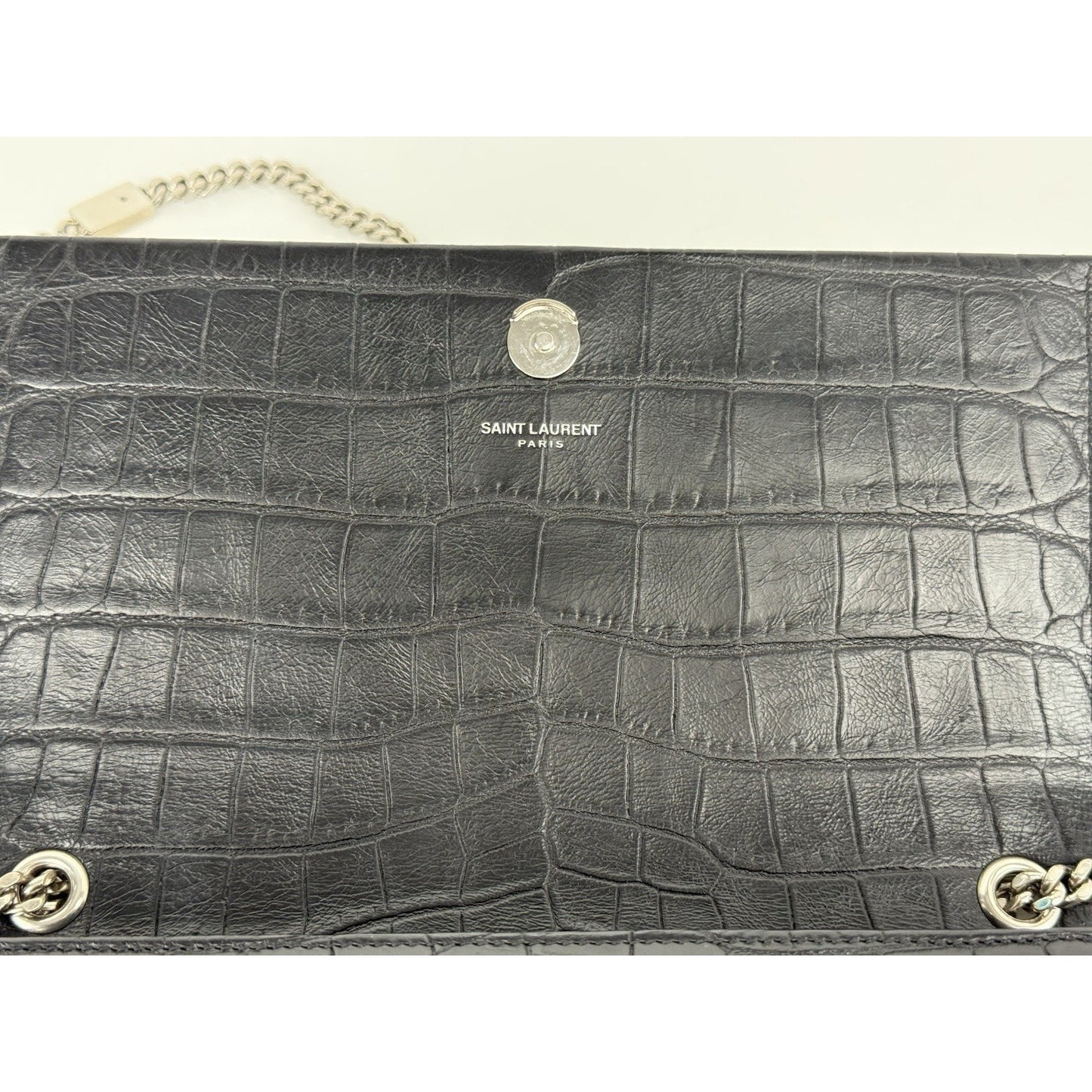 SAINT LAURENT Calfskin Crocodile Embossed Medium Kate Tassel Crossbody Black