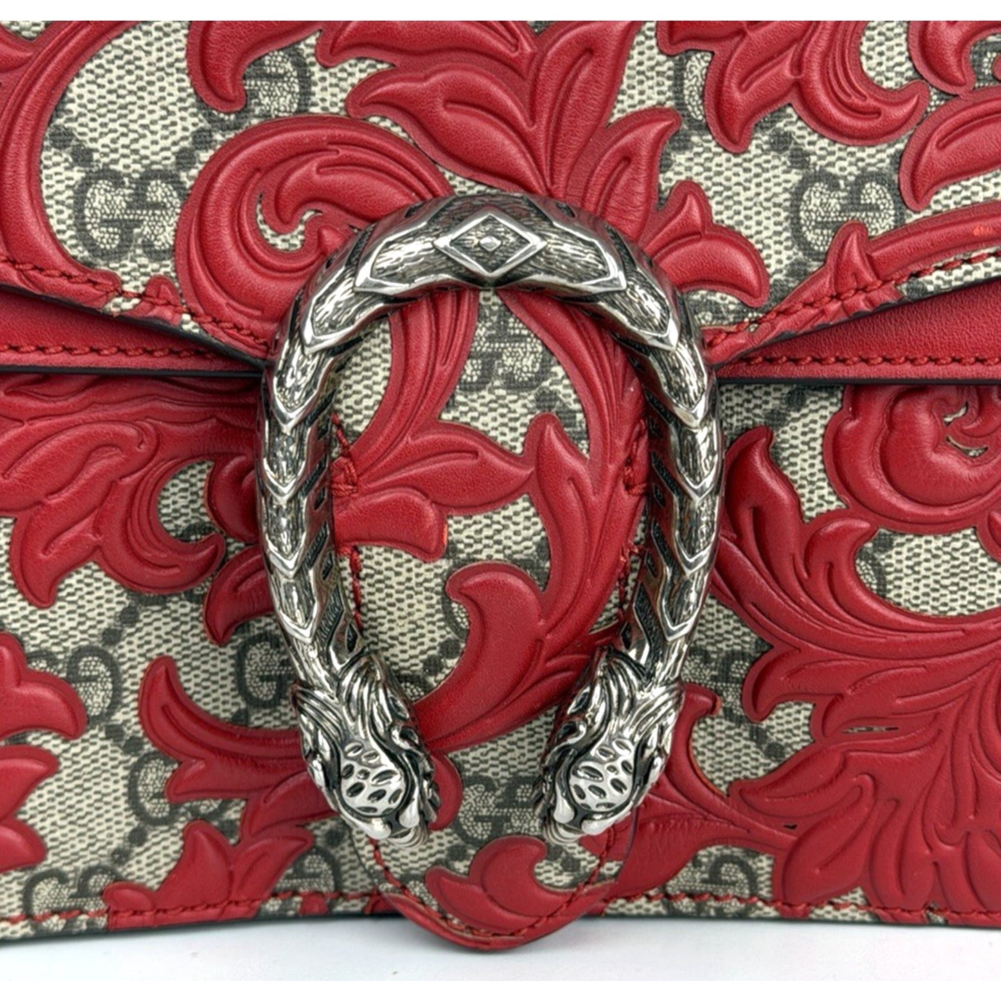 Gucci GG Supreme Arabesque Dionysus Shoulder Bag Small with Red Leather Trim S07