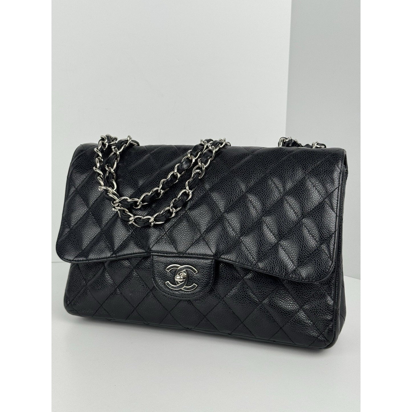 Chanel Jumbo Classic Single Flap Bag in Black Caviar Leather w Silver Hardware