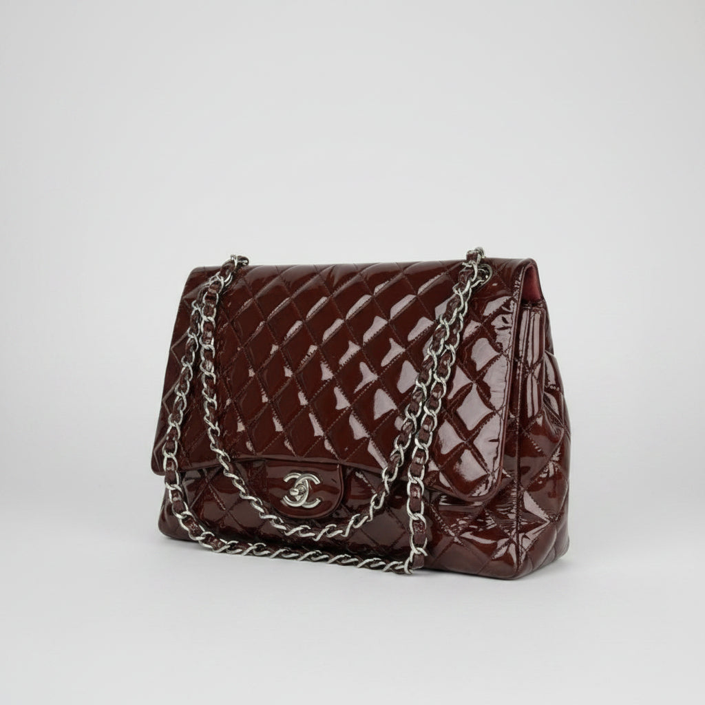 Chanel Maxi Classic Single Flap Bag Burgundy Quilted Patent Leather 2009-2010 D8