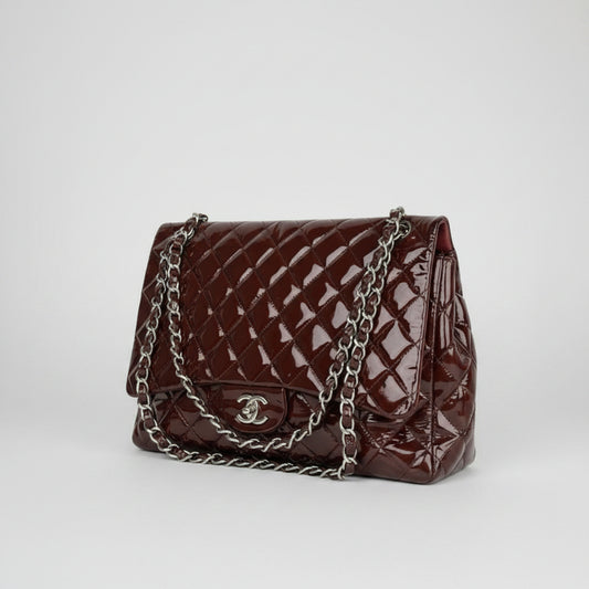 Chanel Maxi Classic Single Flap Bag Burgundy Quilted Patent Leather 2009-2010 D8