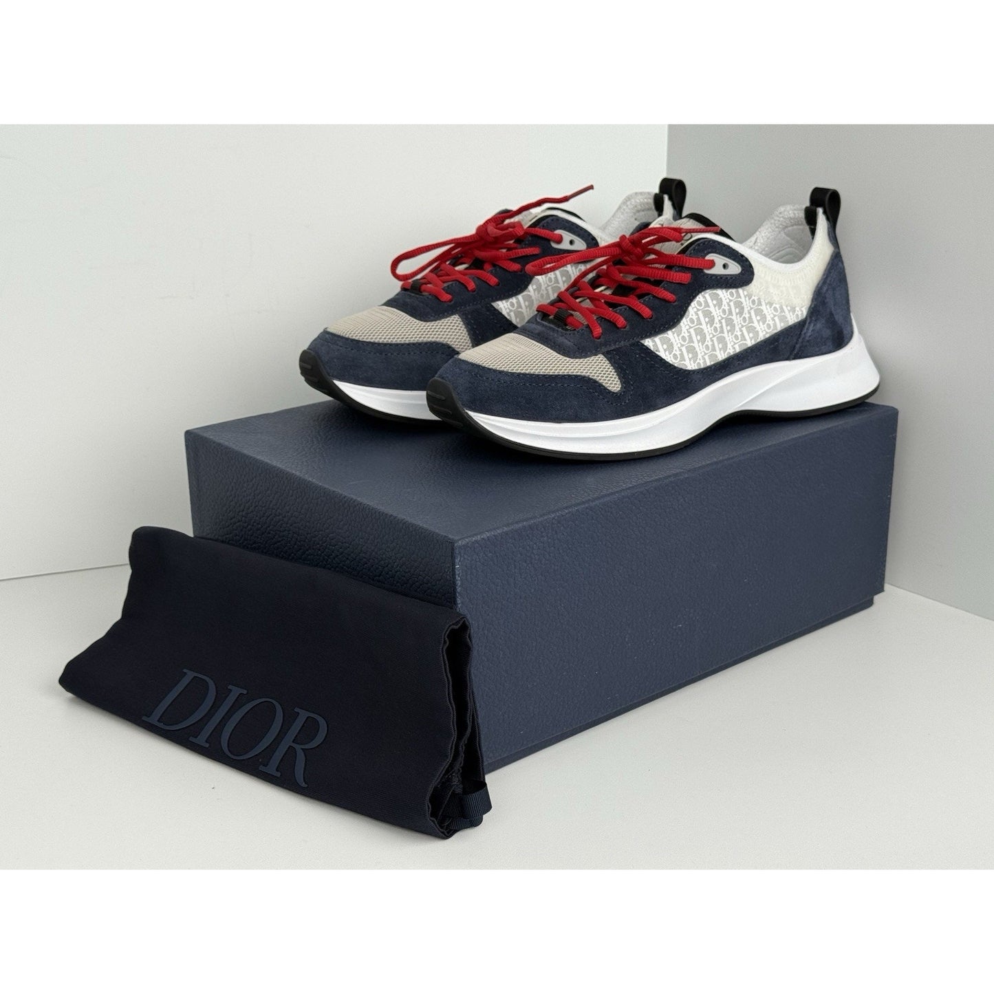 Dior Men’s White and Blue Sneakers with Red Laces, Size 42