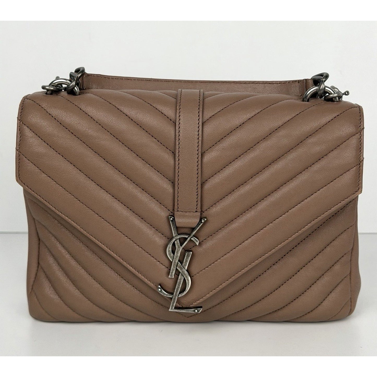 Saint Laurent Monogram College Bag Medium in Brown Quilted Chevron Leather C4