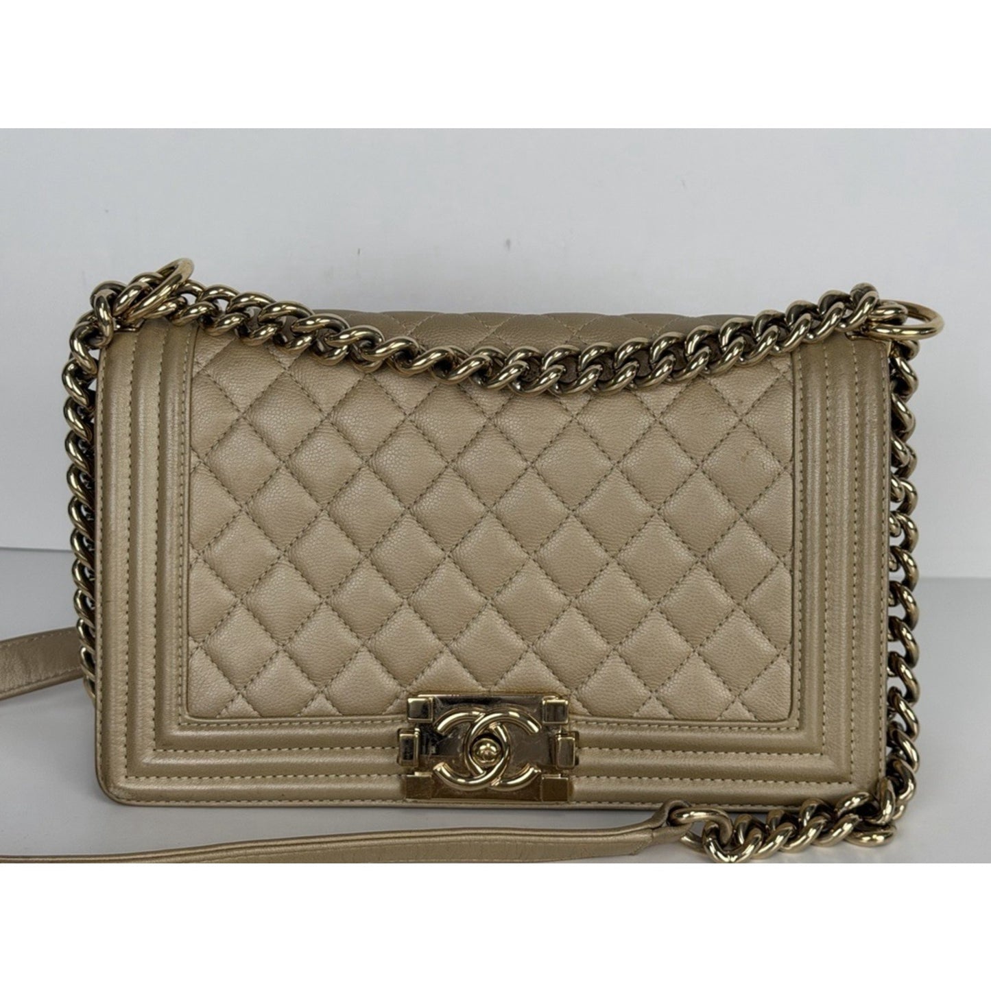 Chanel Medium Boy Flap Bag in Gold or Dark Beige Caviar Leather F1