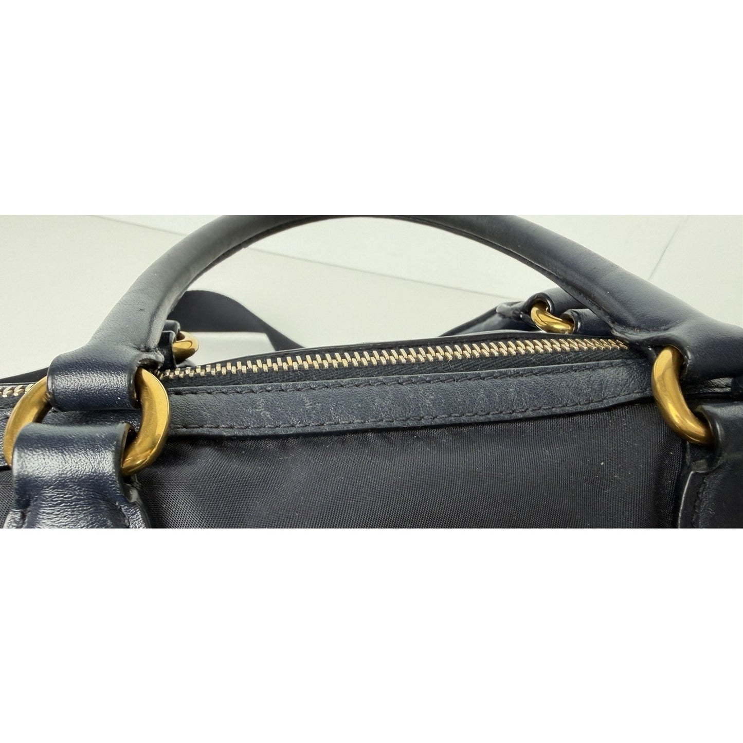 Prada Two-Way Satchel Handbag in Blue Tessuto Nylon Saffiano Leather S03