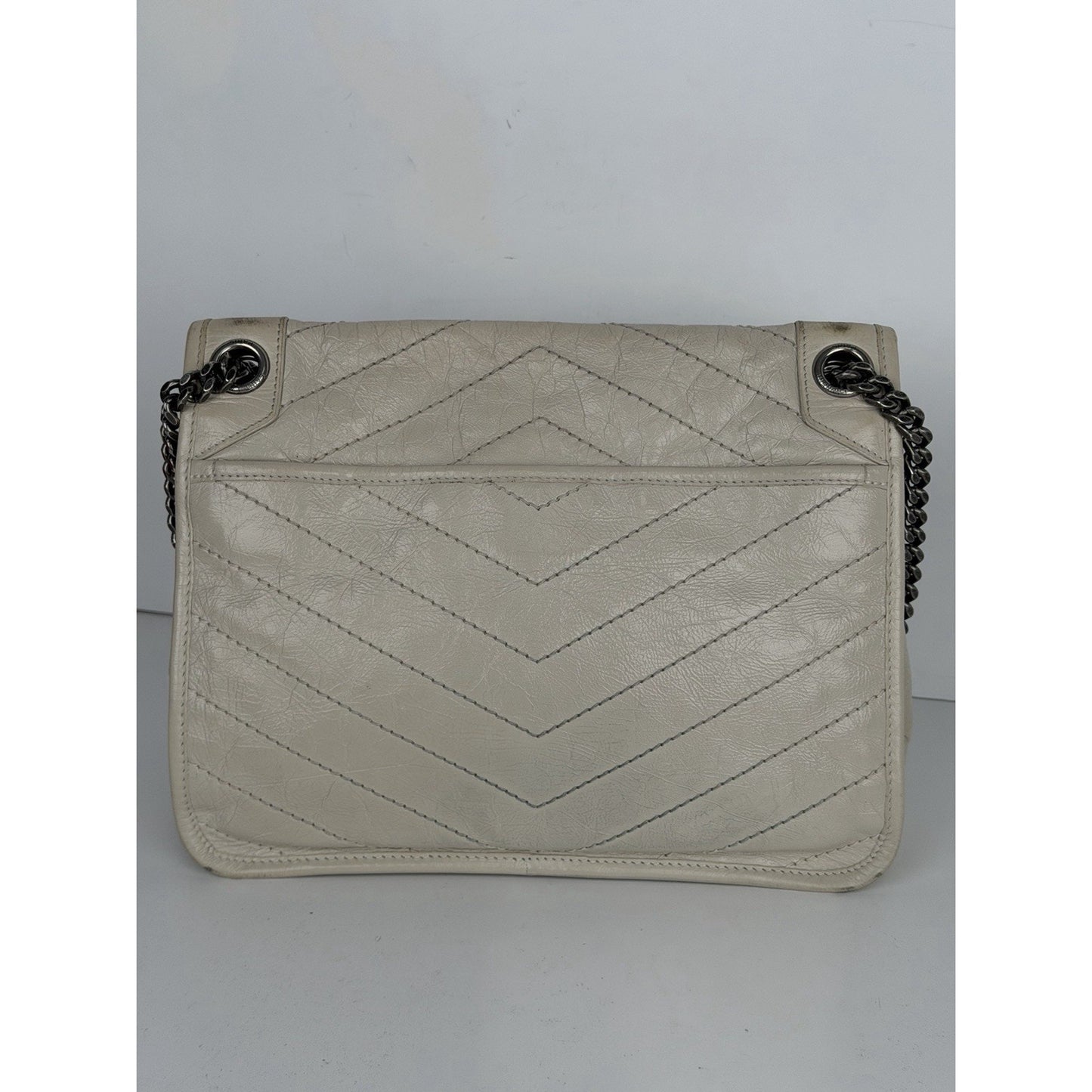 Saint Laurent Niki Medium Chain Satchel Crinkled Calfskin Matelassé Crema C-4