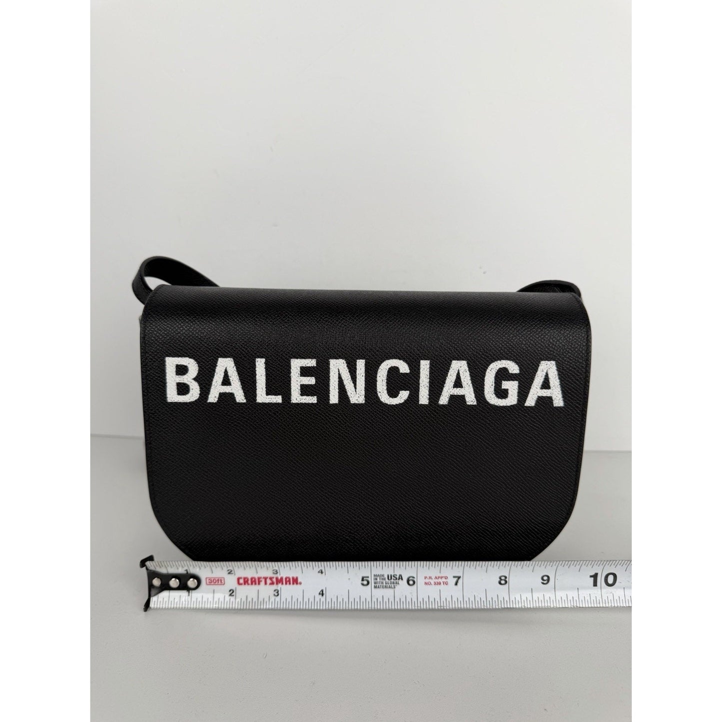Balenciaga Ville Day Crossbody Bag in Black Grained Leather with White Logo S-16
