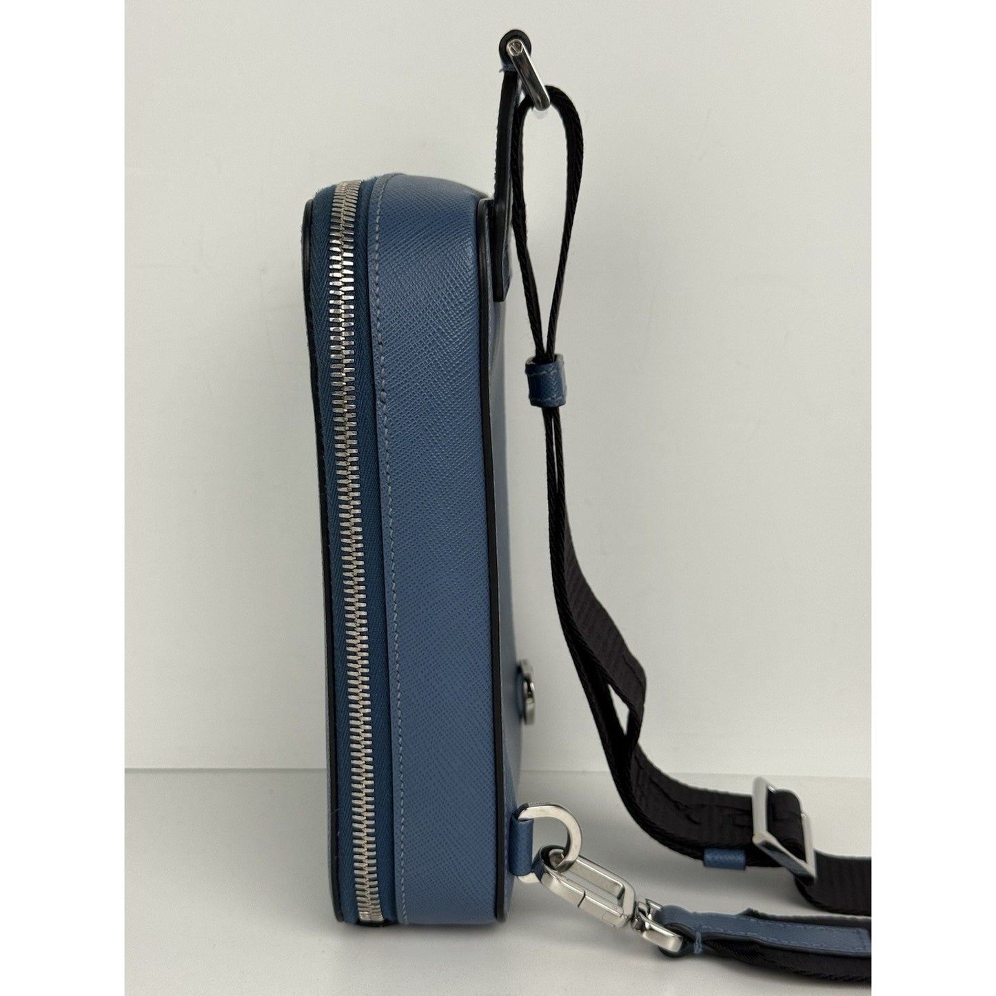 Prada Saffiano Leather Brique Crossbody Messenger Bag Bluette