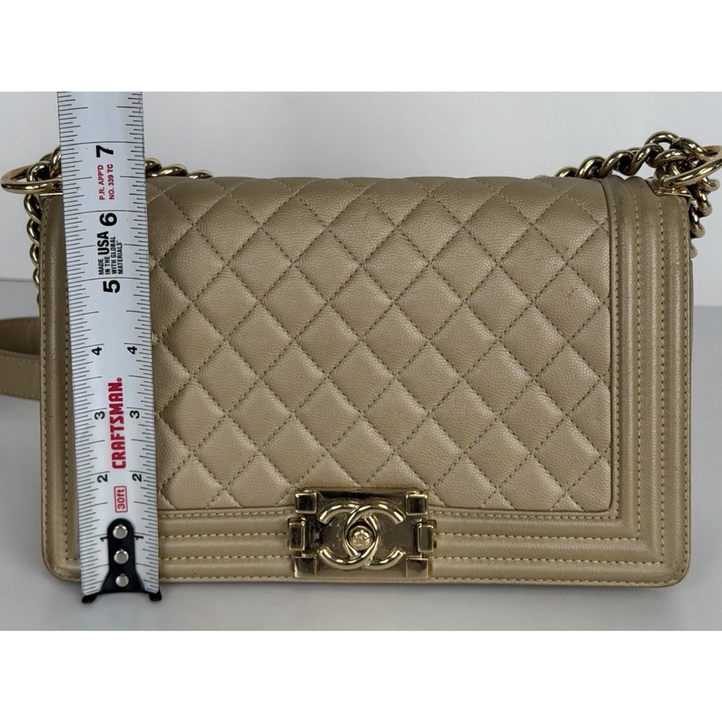Chanel Medium Boy Flap Bag in Gold or Dark Beige Caviar Leather F1