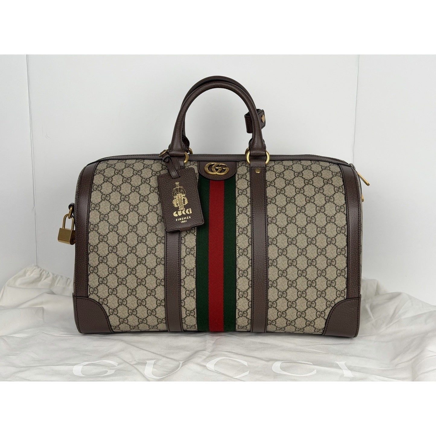 Gucci Savoy Medium Duffle Bag GG Supreme Canvas Brown Leather Trim