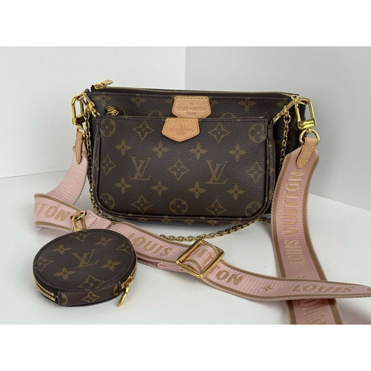 LOUIS VUITTON Multi Pochette Accessoires Brown Canvas Pink Strap Shoulder Bag