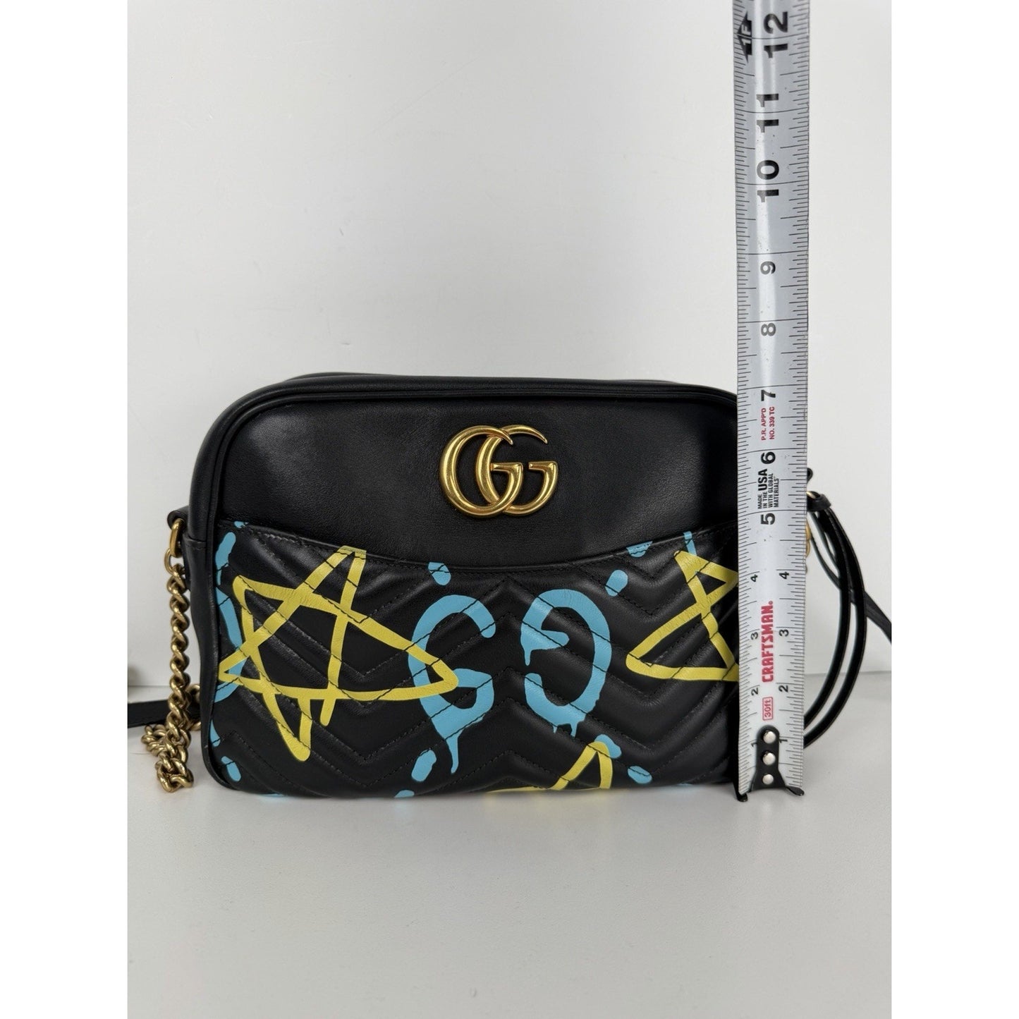 Gucci Ghost GG Marmont Camera Bag Medium in Black Leather with Graffiti Print S1