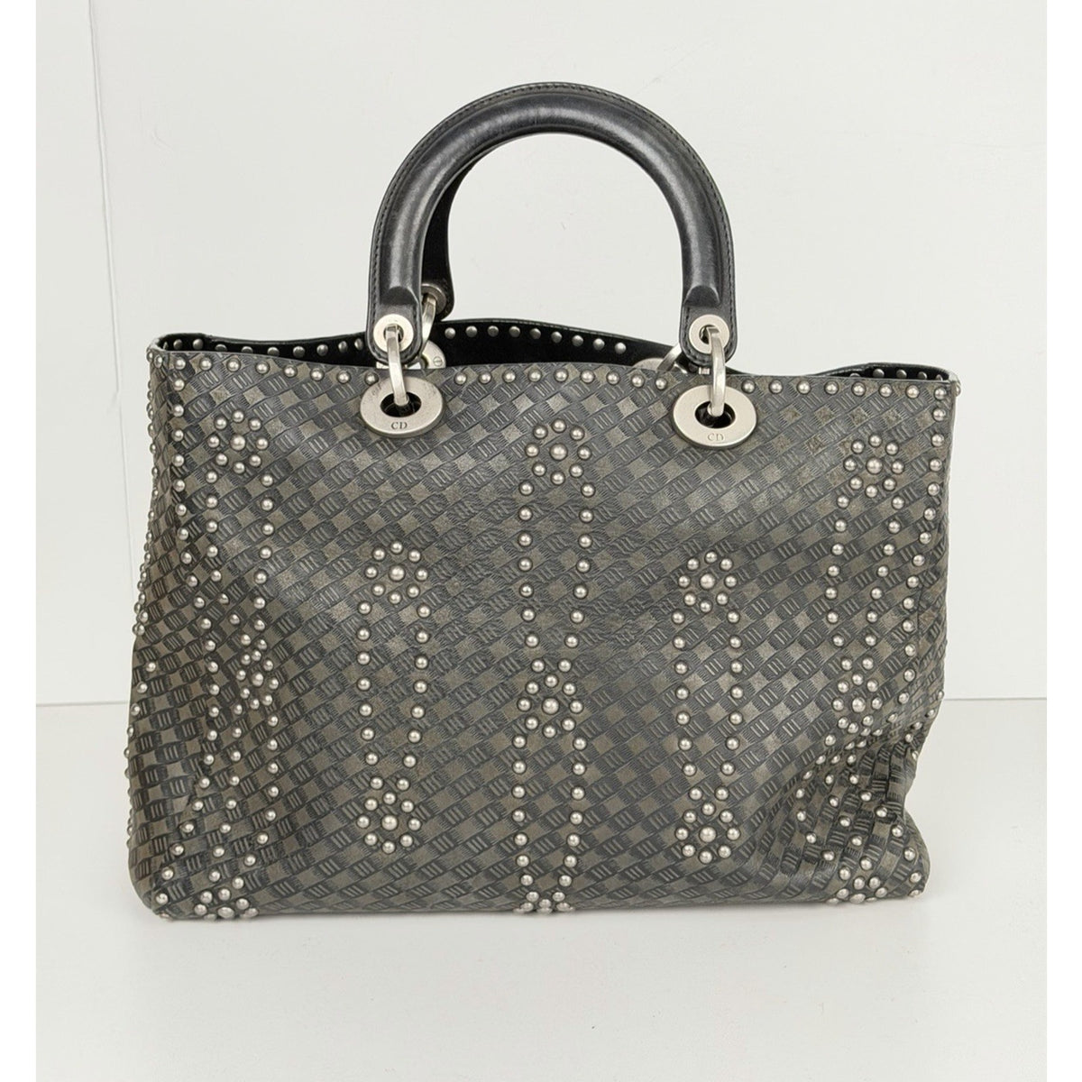 Christian Dior Lady Dior Studded Medium Top Handle Bag Black Leather NFC D8