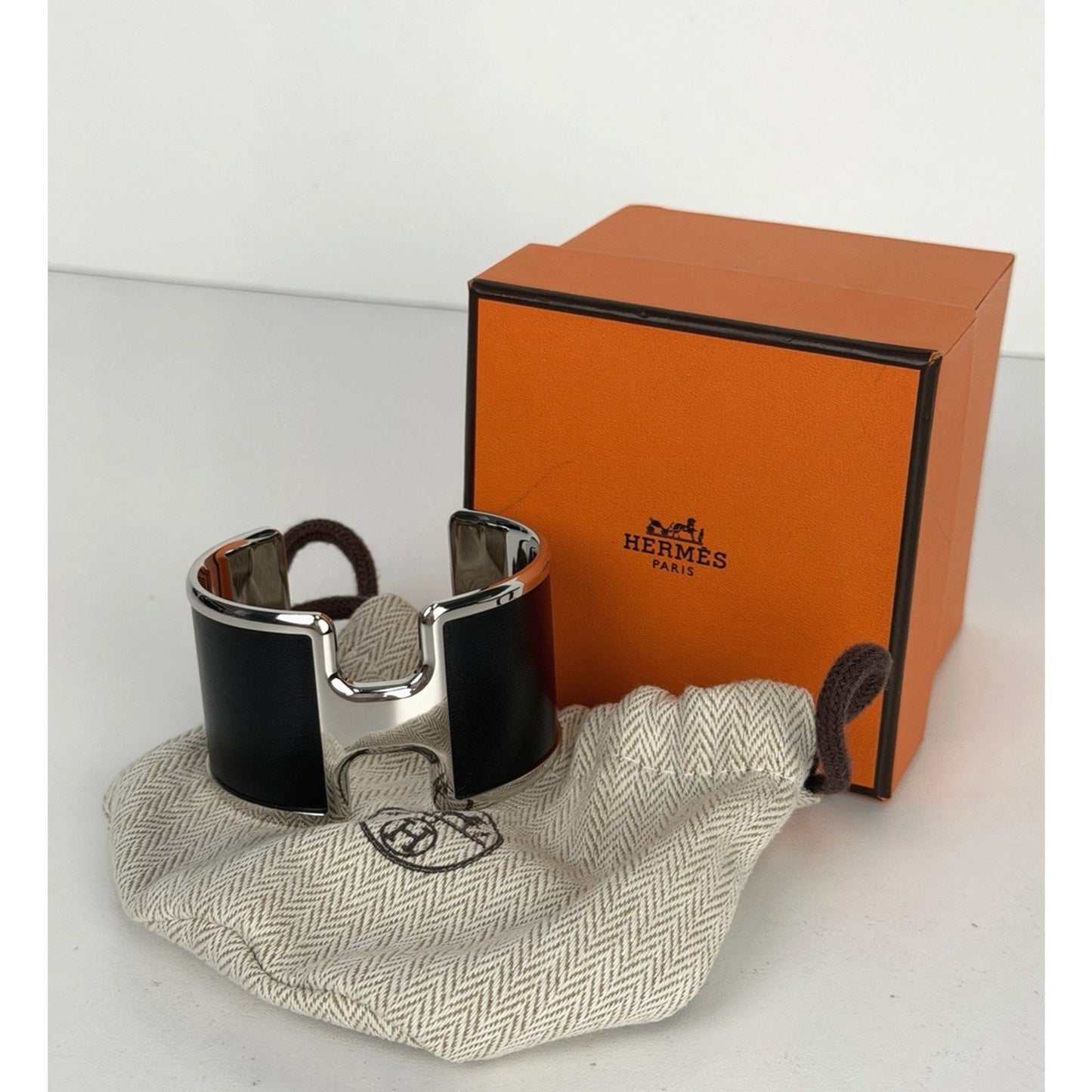 Hermes Olympe Cuff Bracelet in Black Leather and Palladium Plated Metal