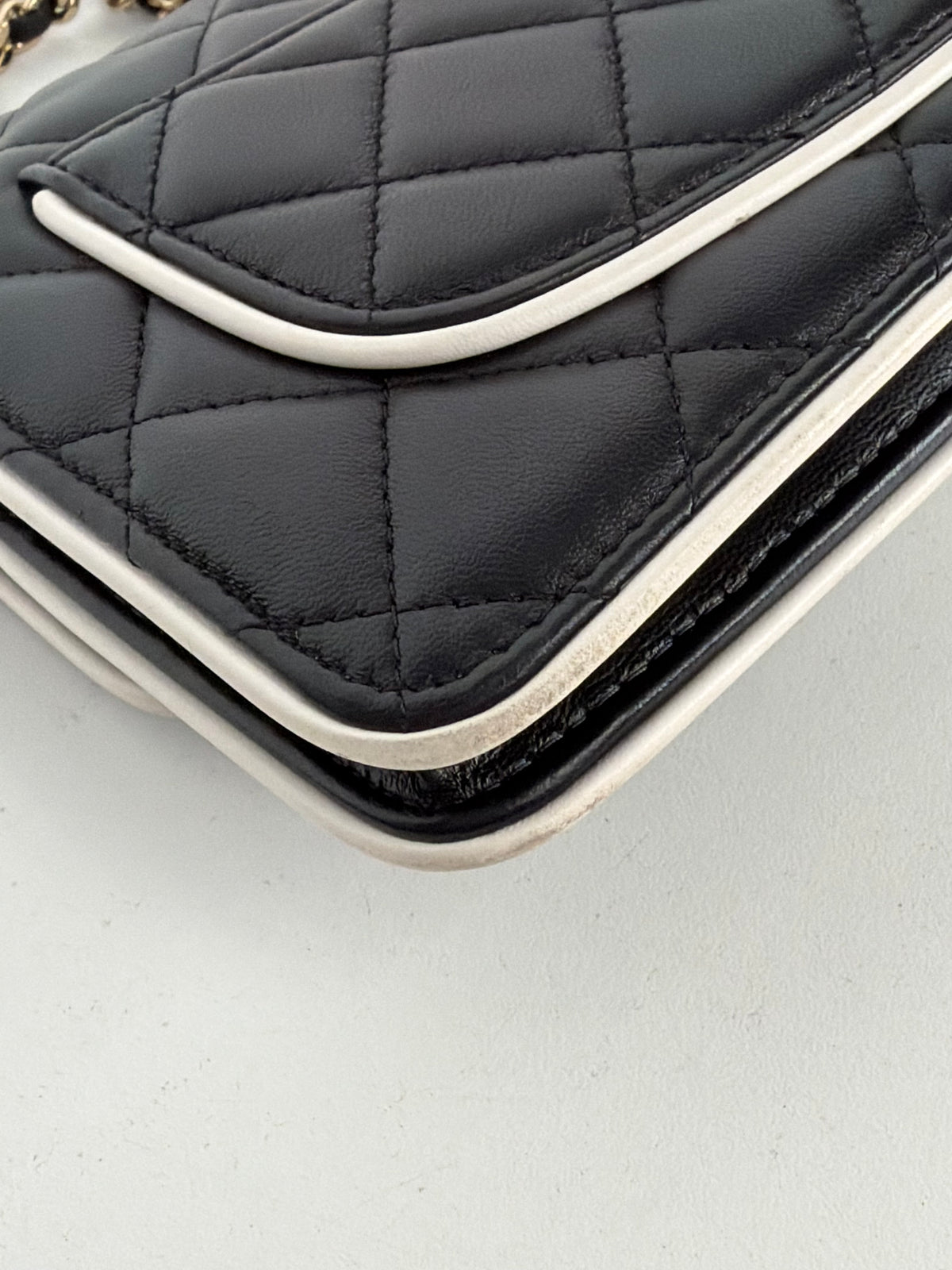 Chanel Wallet on Chain Crossbody Bag in Black & White Quilted Lambskin Leather NFC