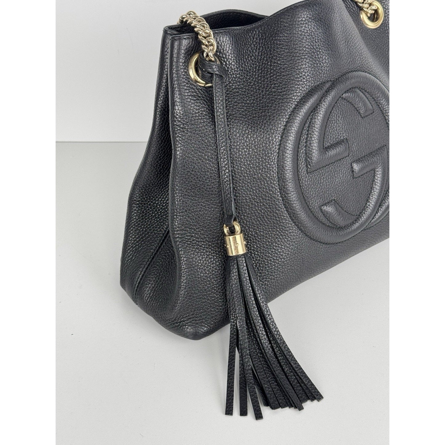Gucci Soho Black Pebbled Leather Chain Tote Bag C-7