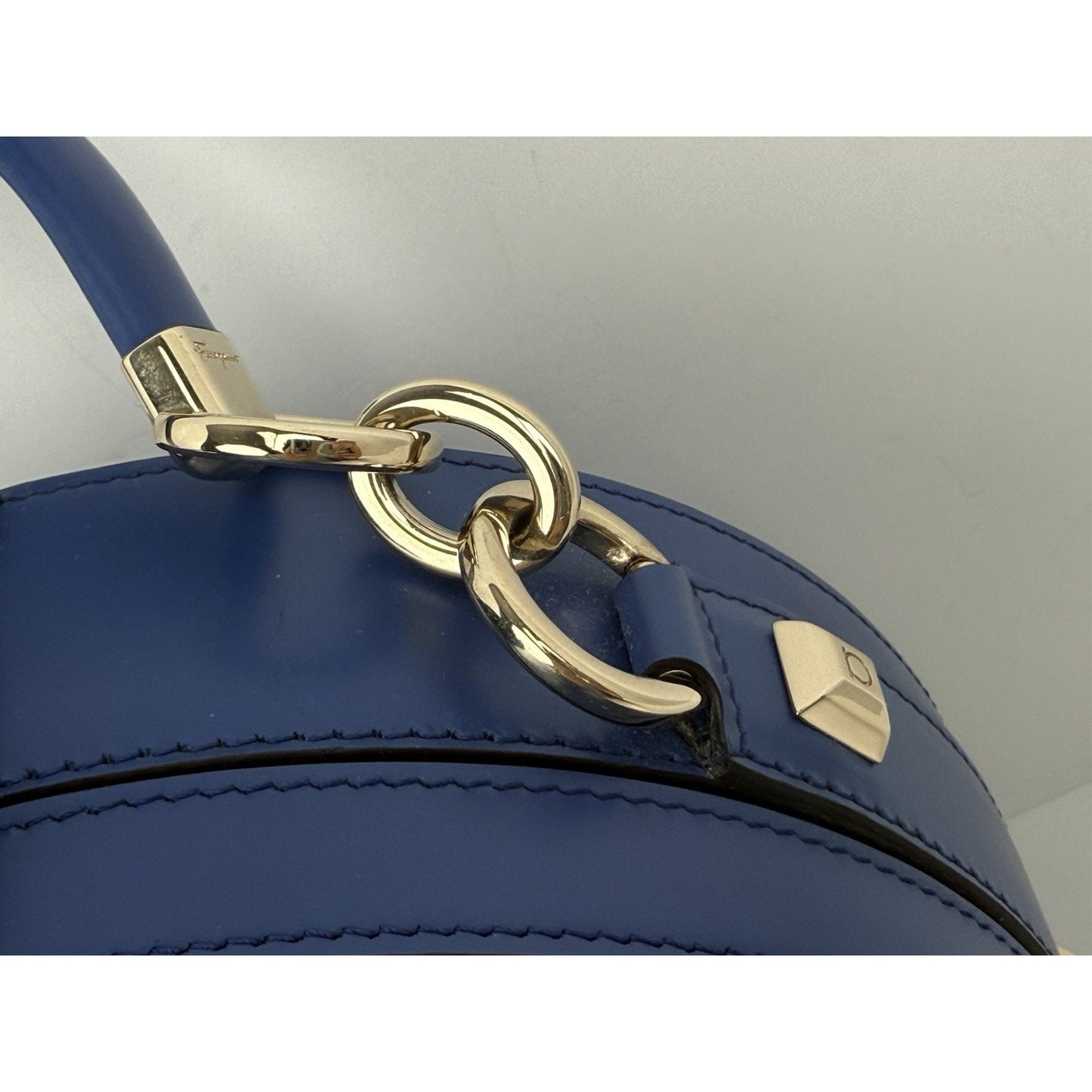 Salvatore Ferragamo Studio Round Bag Blue Leather with Gold Hardware
