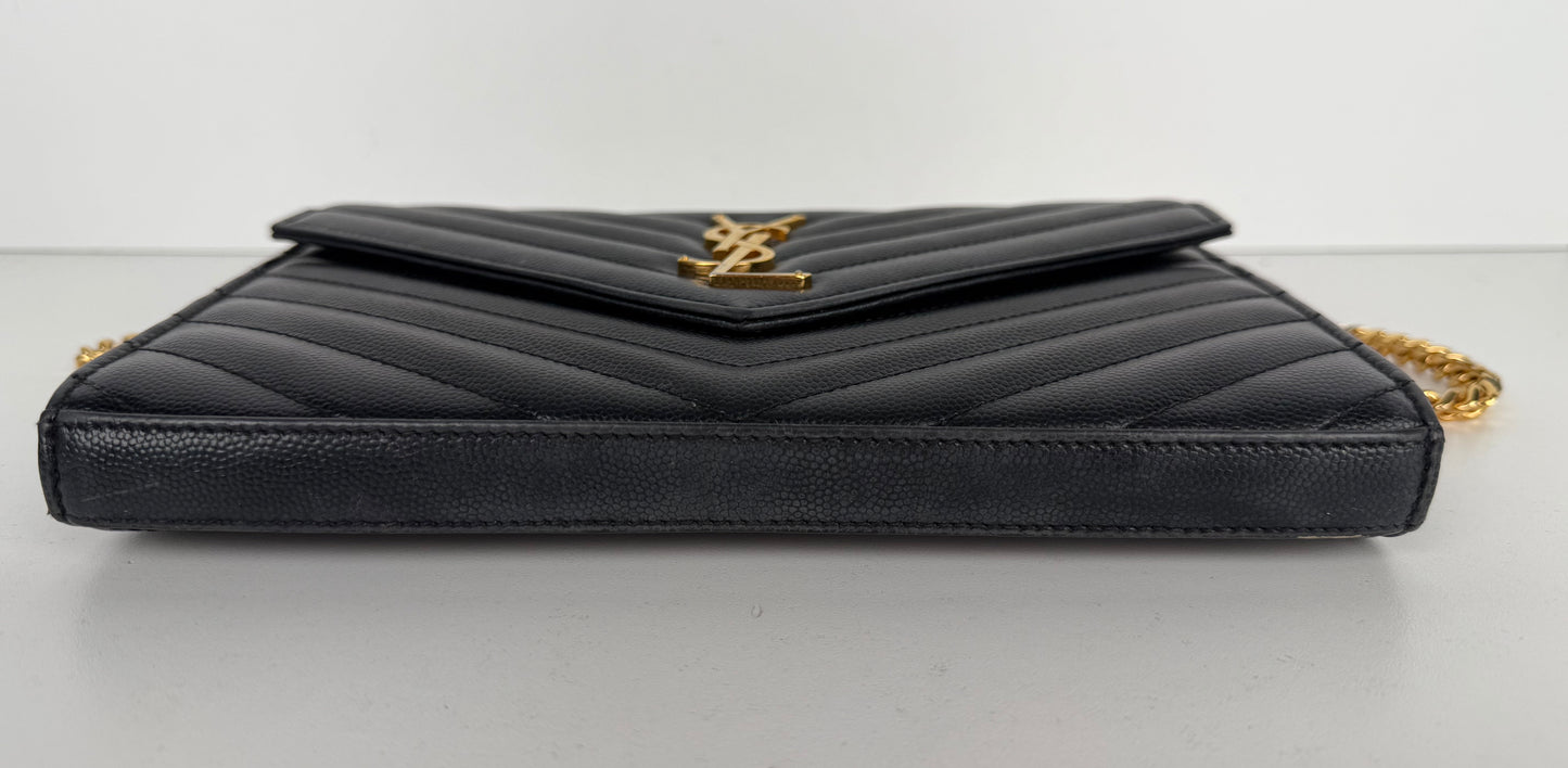 Saint Laurent Cassandre Wallet on Chain Bag in Black Grain De Poudre Leather YS-03