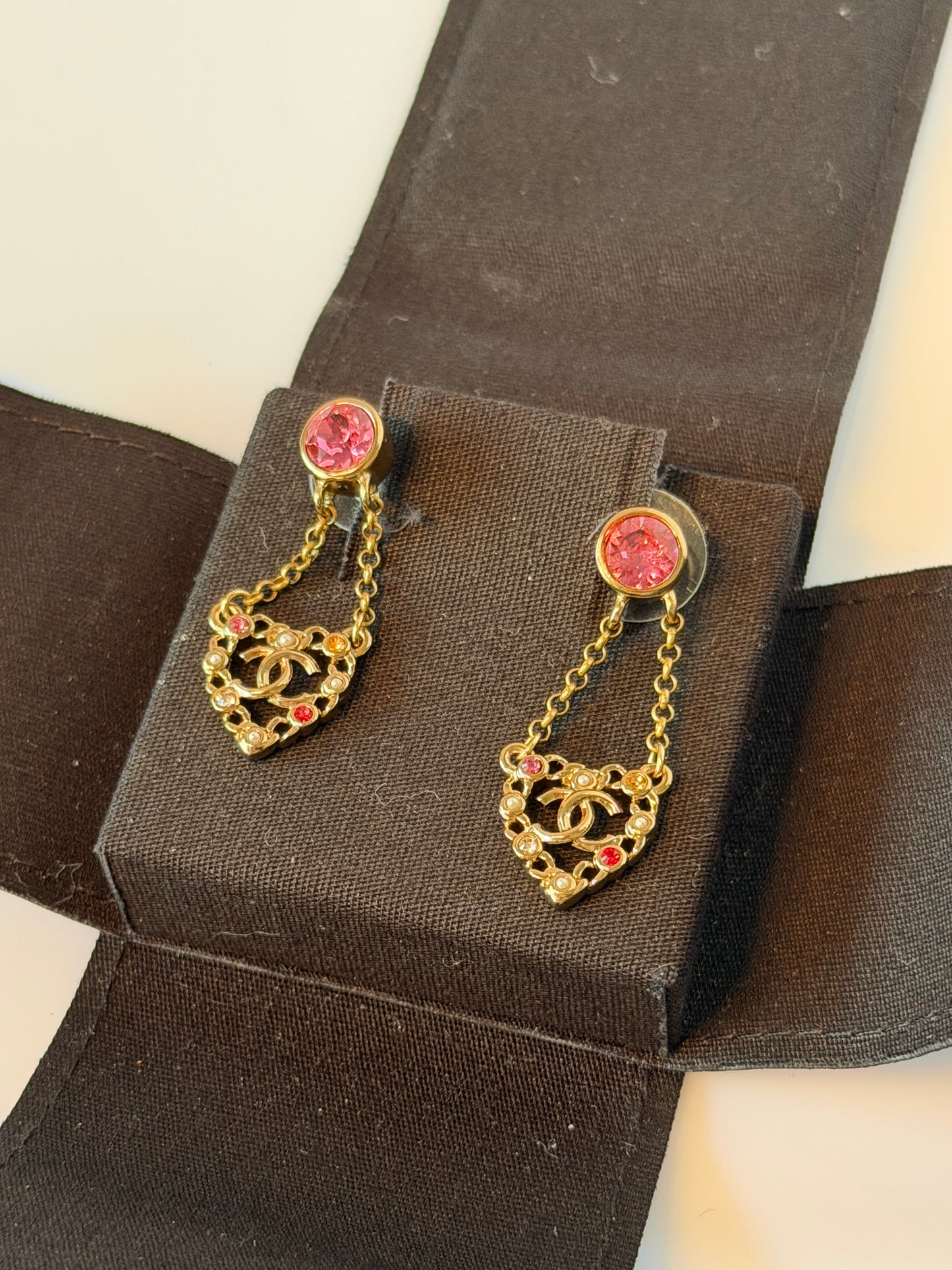 Chanel CC Heart Cut Out Dangle Earrings Metal with Faux Pearls and Crystals