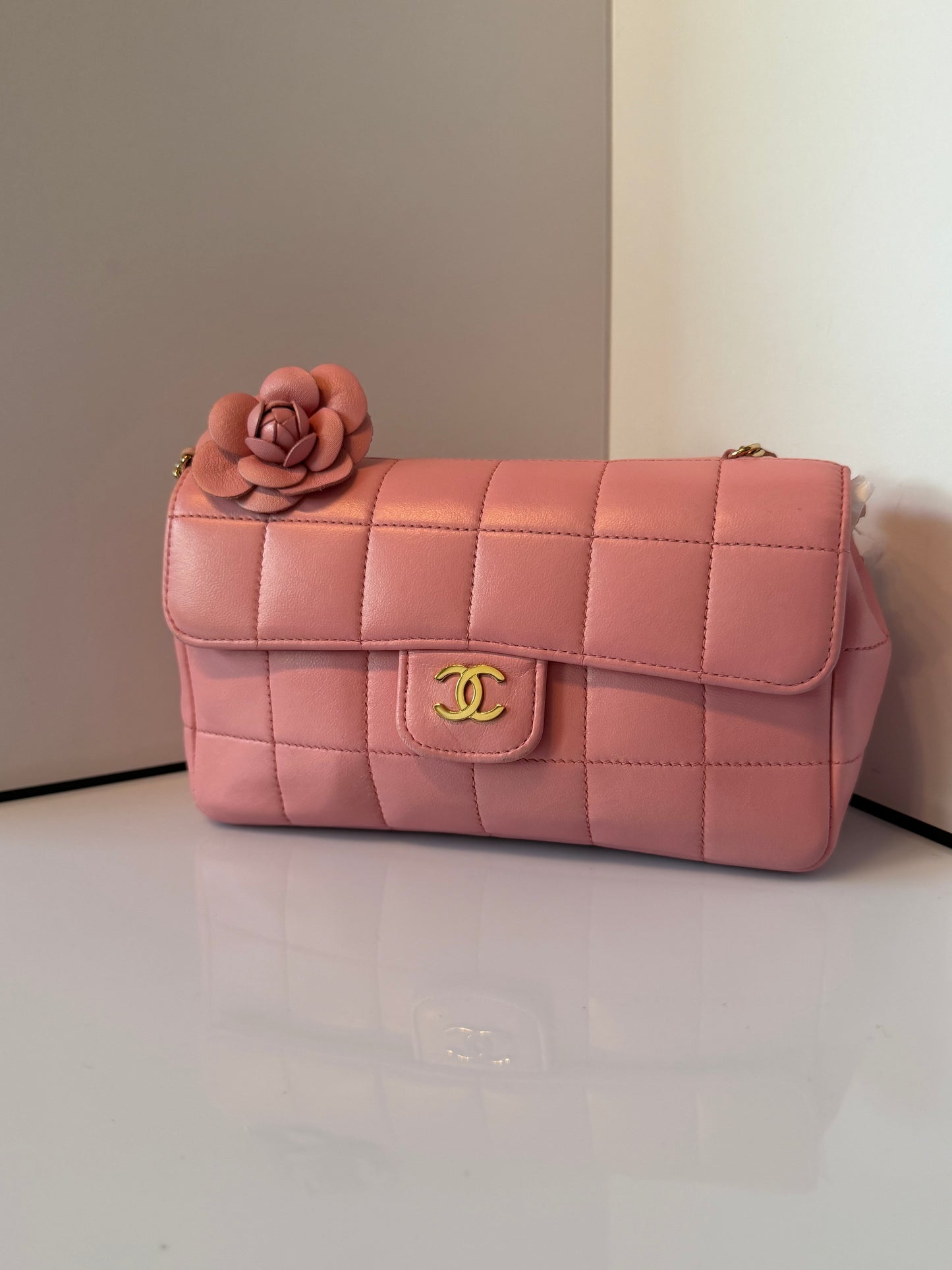 Chanel Lambskin Quilted Mini Chocolate Bar Camellia Flap Pink E1