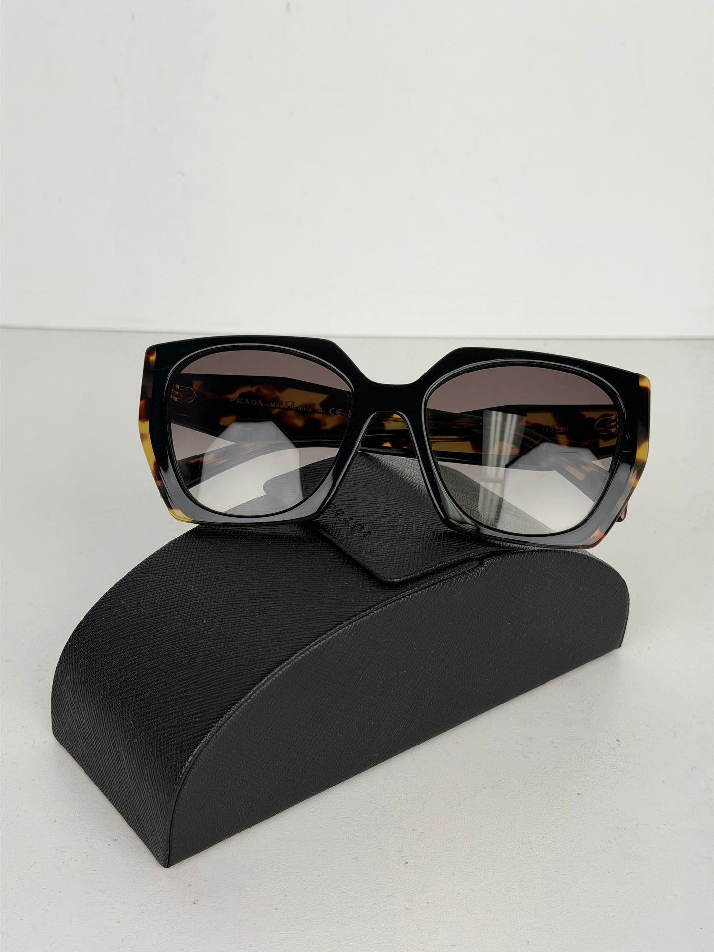 Prada PR15WS Rectangular Sunglasses in Black/Medium Tortoise Frame with Gray Gradient Lenses YK-3