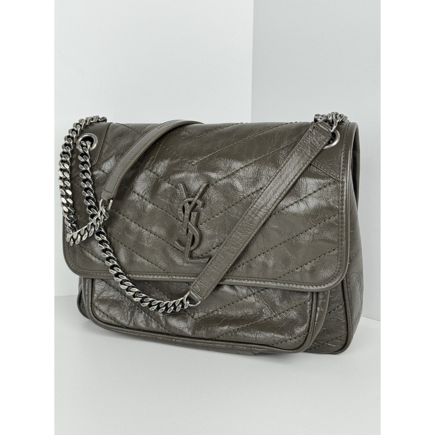 Saint Laurent Niki Medium Crinkled Matelassé Chain Satchel Dark Green C-6