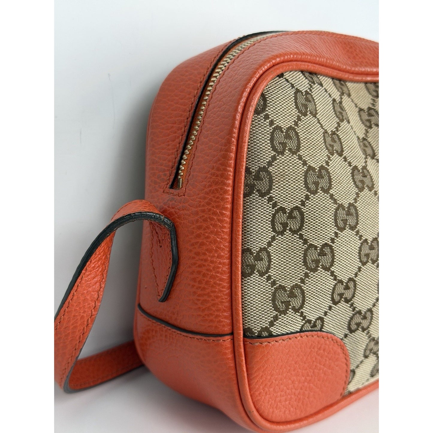 Gucci Bree Camera Bag Beige&Ebony GG Monogram Canvas & Orange leather Trim S11
