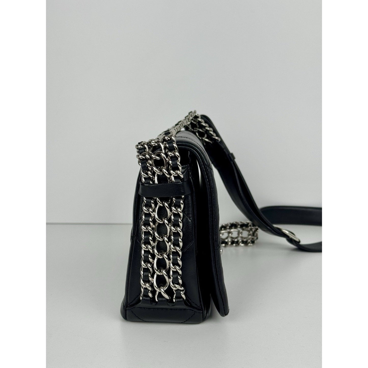 Chanel Chain Rows Flap Bag Black Leather
