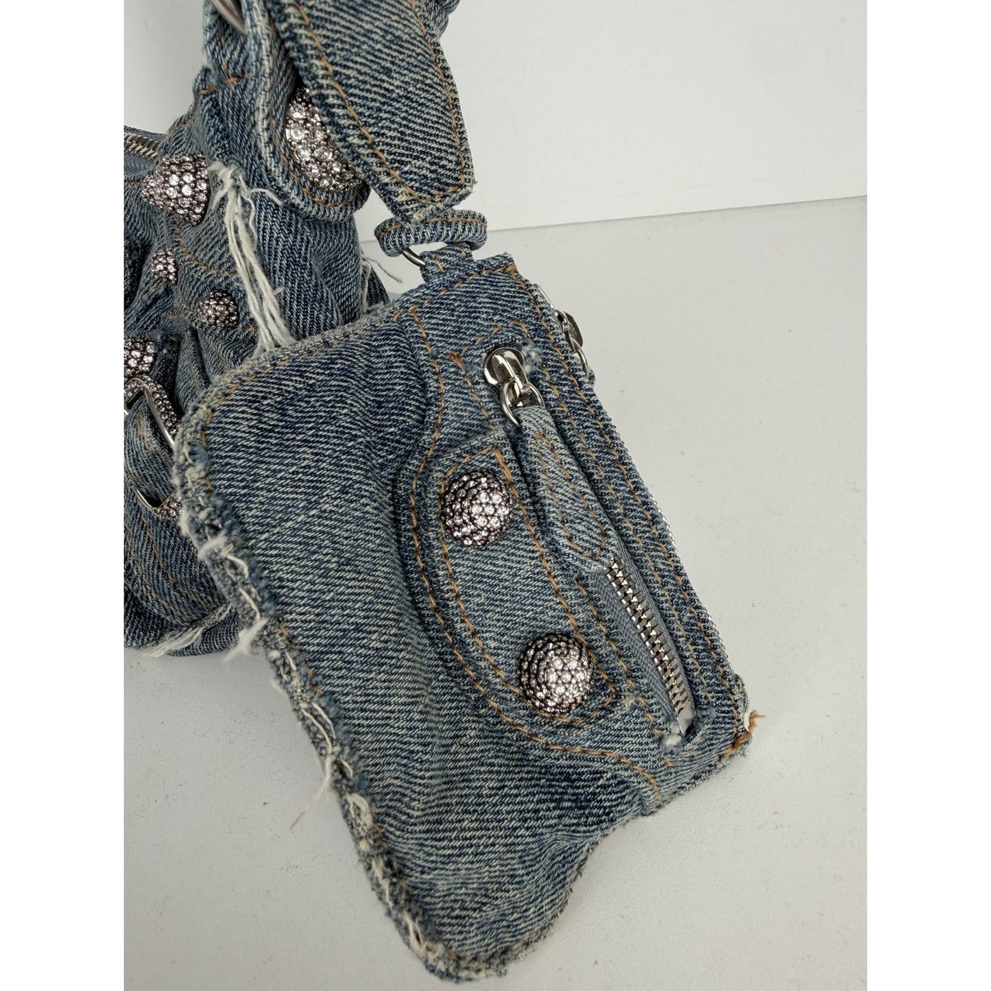 Balenciaga Le Cagole Bag XS in Blue Distressed Denim with Crystal Hardware S-01