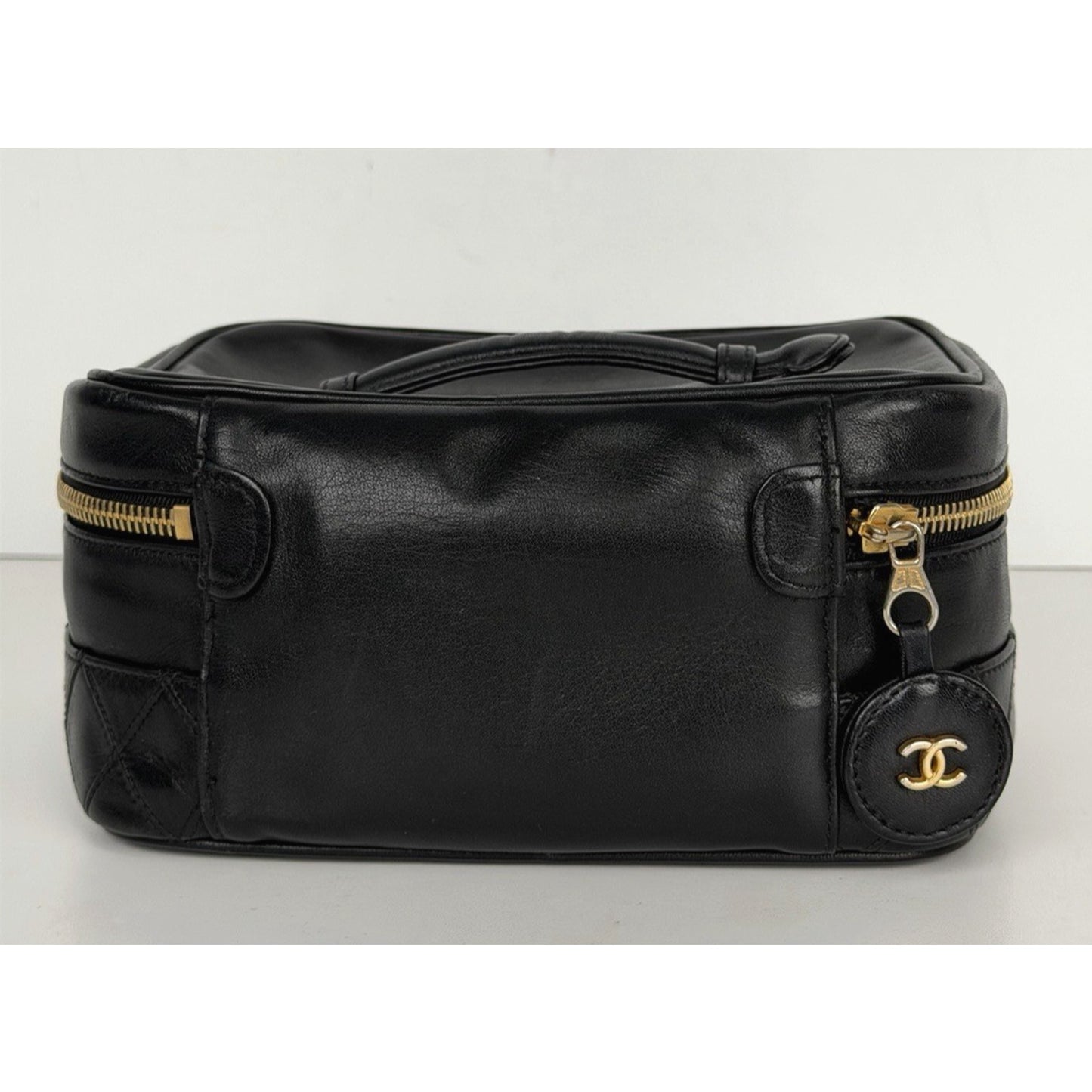 Chanel Vanity Case Vintage Black Quilted Lambskin Top Handle 1989-1991 S11