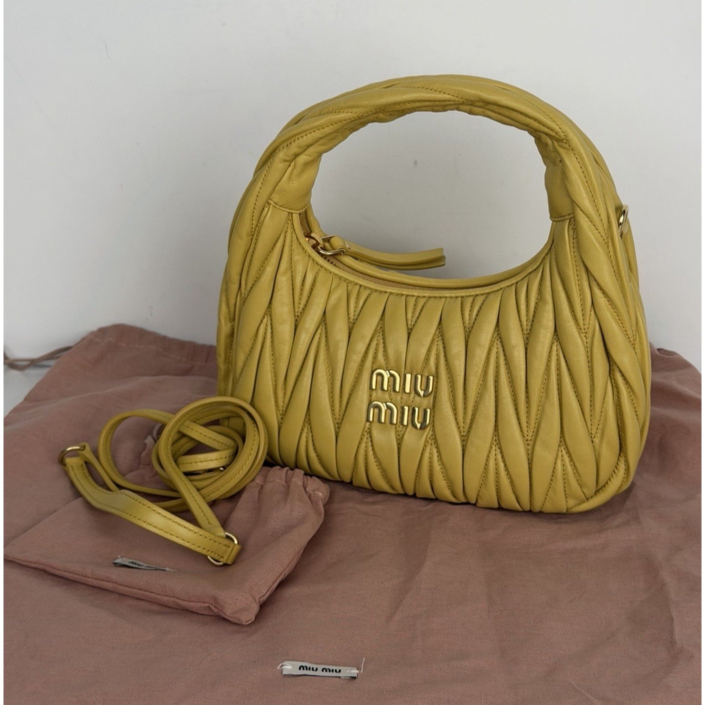 Miu Miu Wander Matelasse Nappa Leather Hobo Bag Small in Yellow