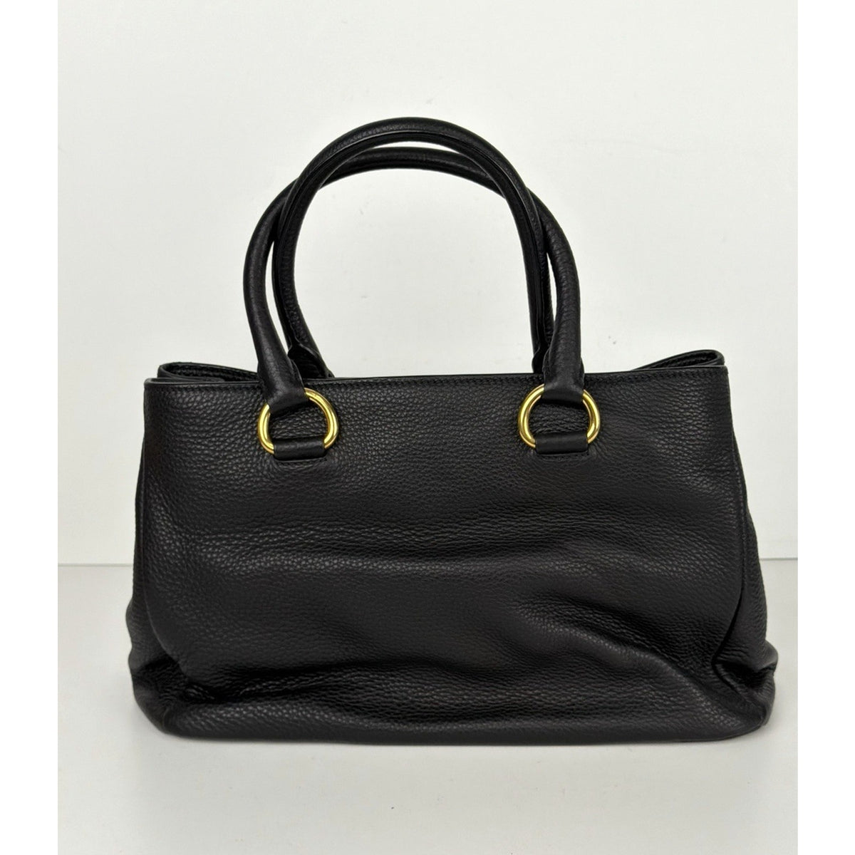 Prada Vitello Daino Medium Top Handle Bag in Black Leather Gold-Tone Hardware E6