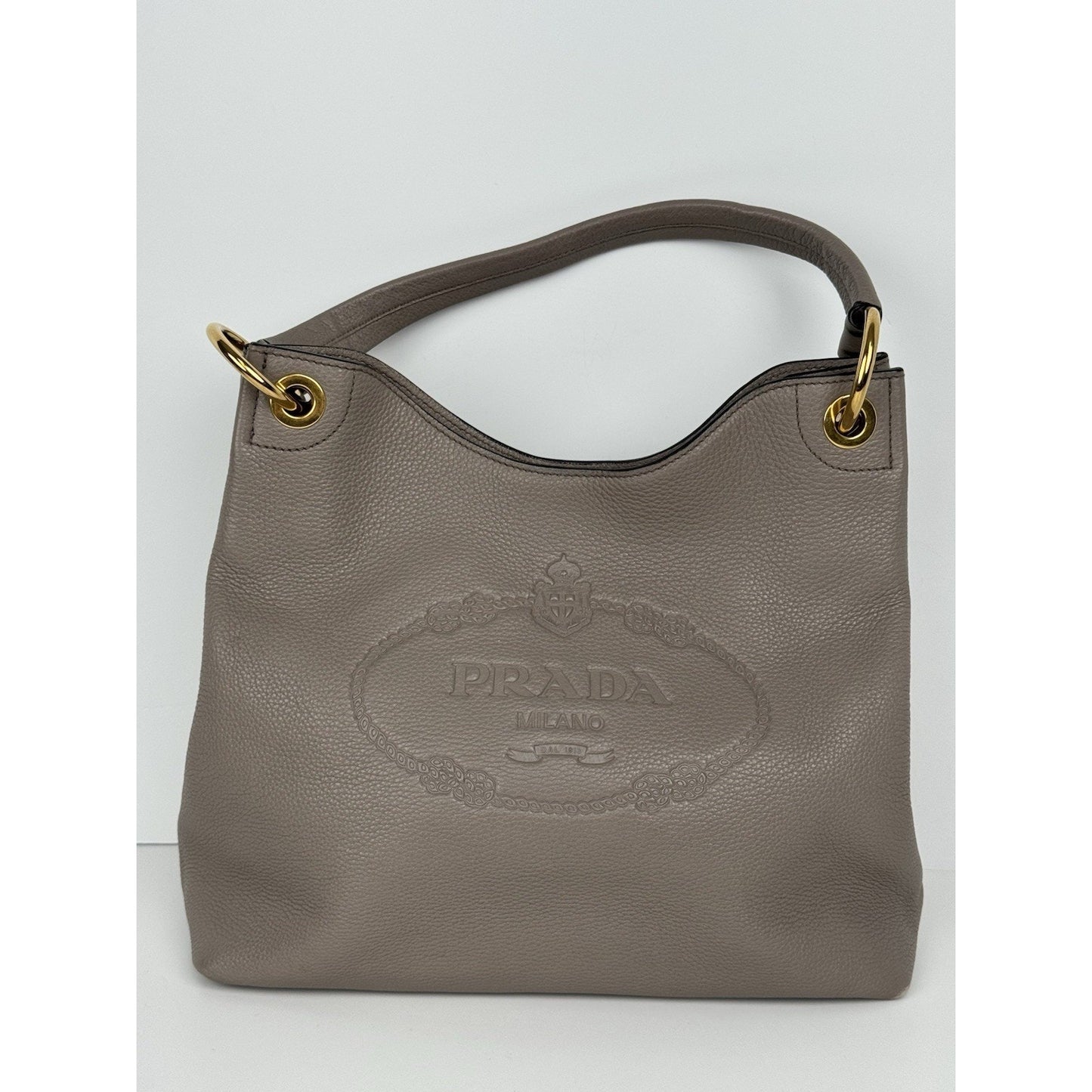 Prada Vitello Phenix Taupe Leather Logo Hobo Shoulder Bag