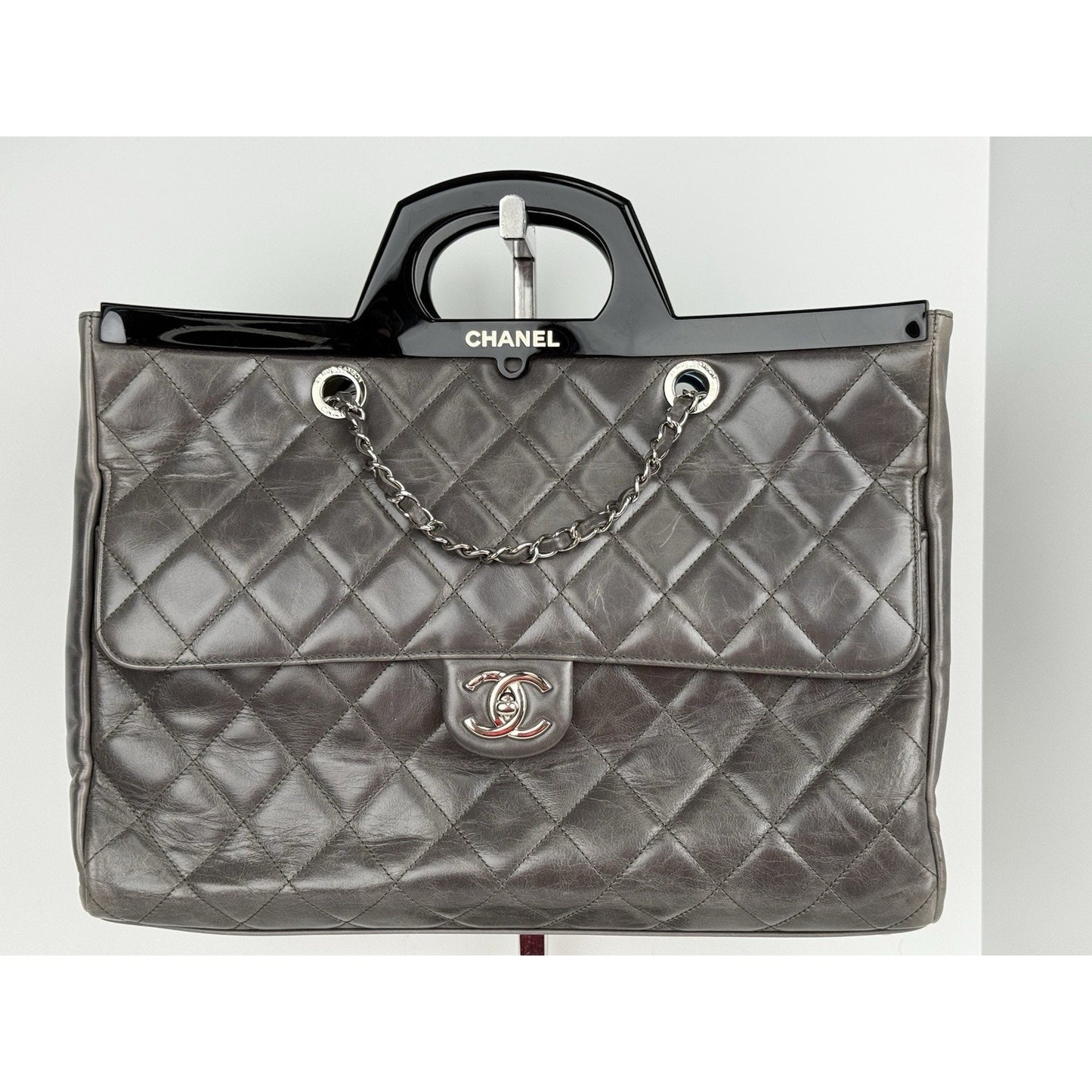 CHANEL Glazed Calfskin Quilted Large Delivery Tote Grey B-5