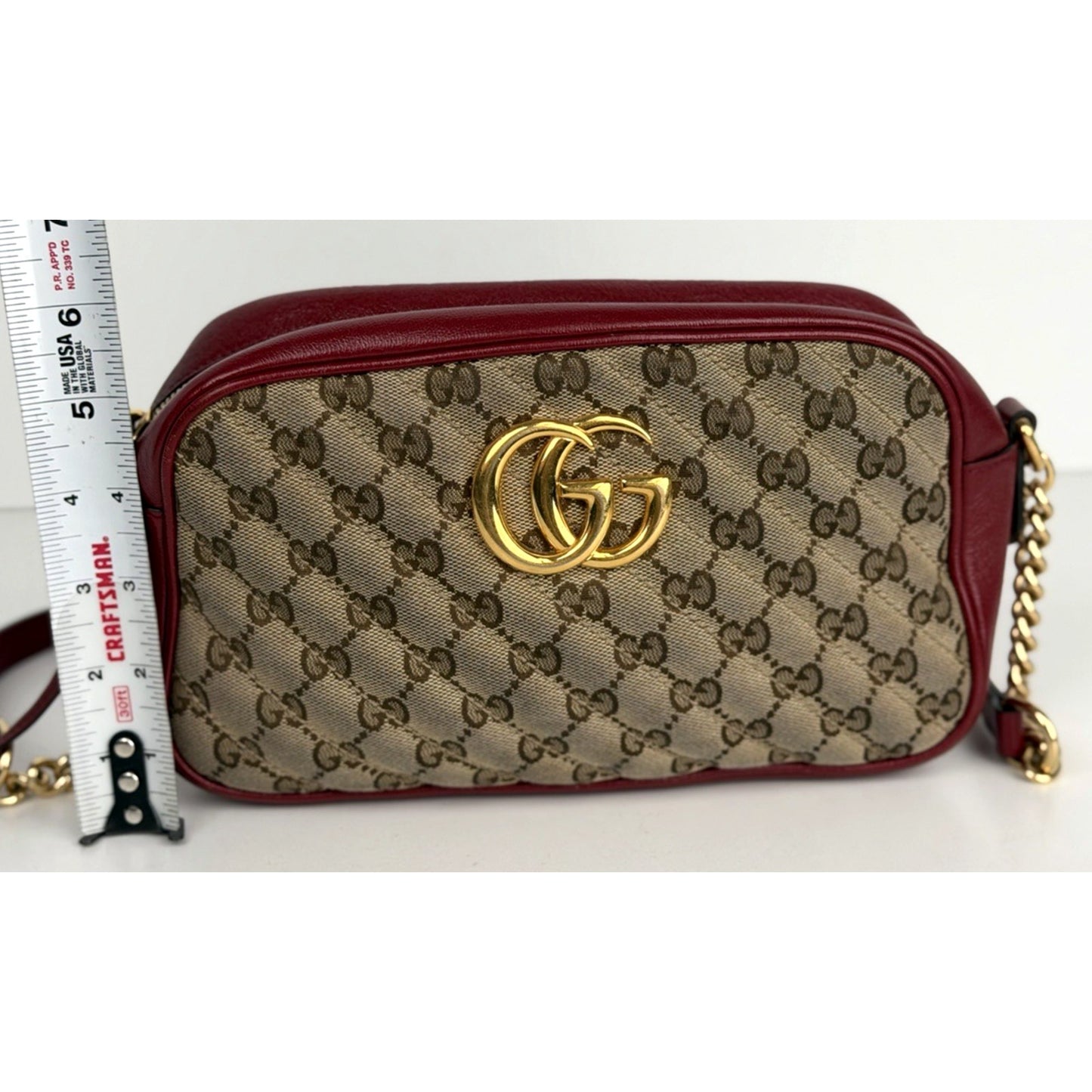 Gucci GG Marmont Camera Bag Small in Diagonal Quilted Canvas Leather Trim S09
