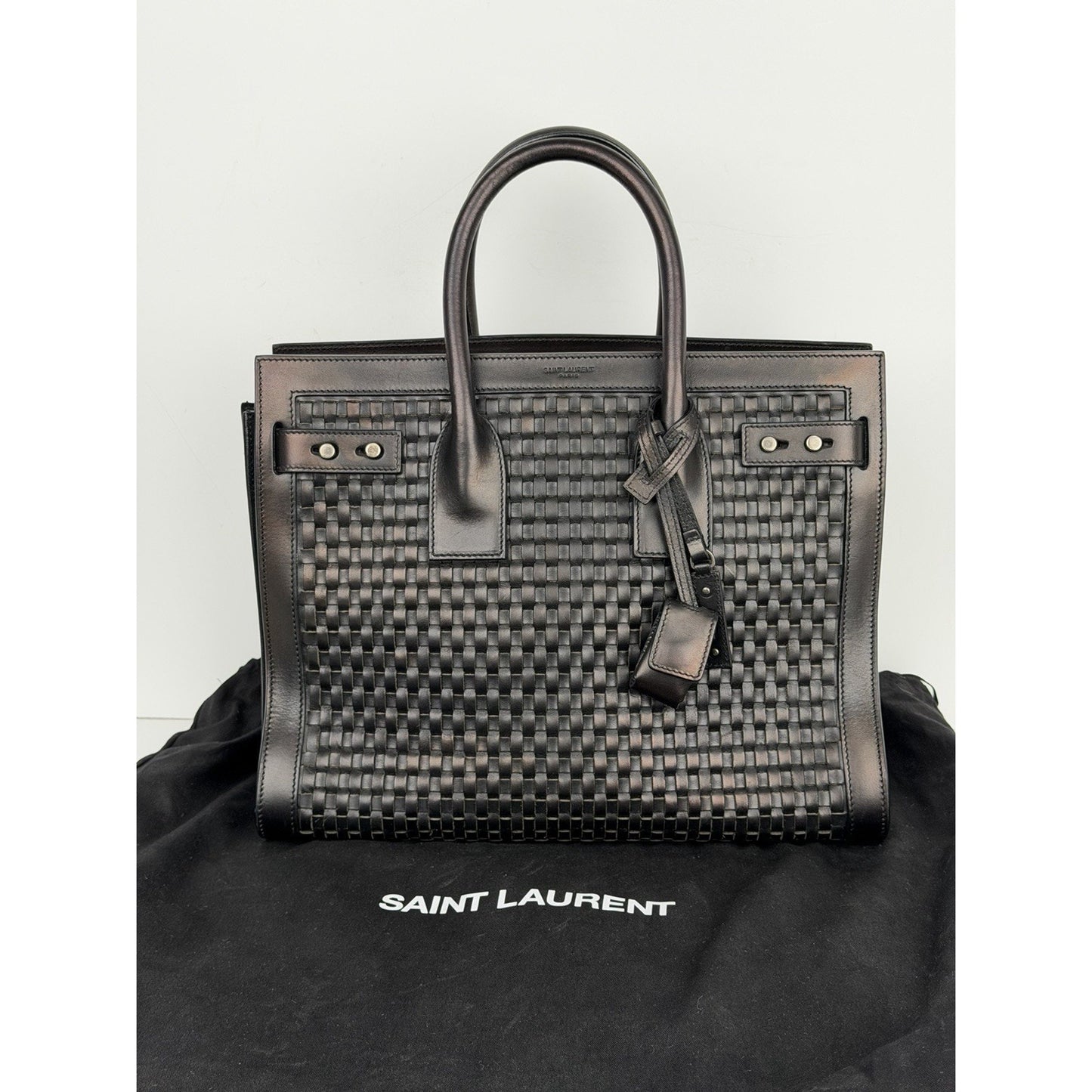 Saint Laurent Woven Sac de Jour Top Handle Bag Small in Black Leather S