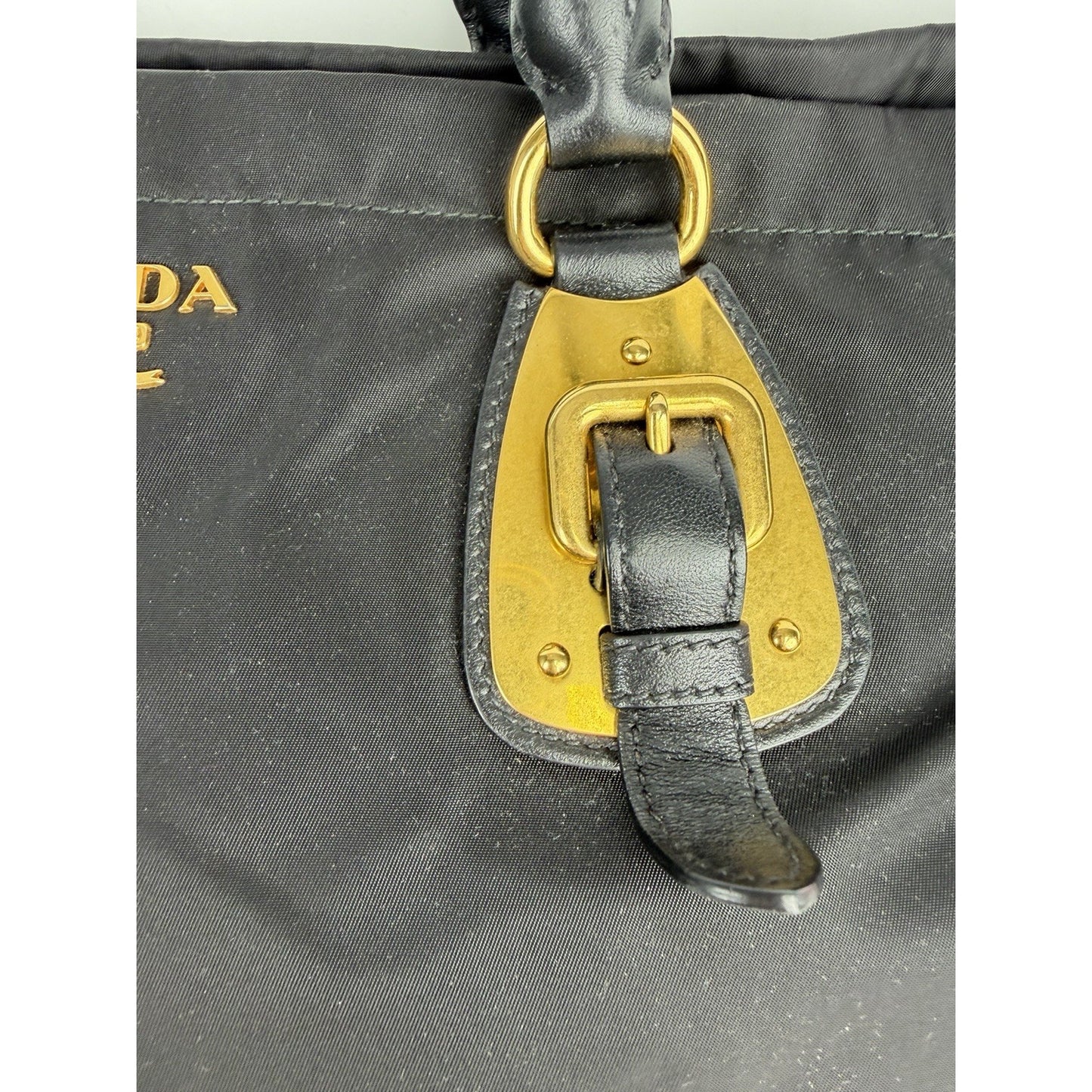 Prada Tessuto Tote Bag in Black Nylon with Gold Hardware Buckle Accents S
