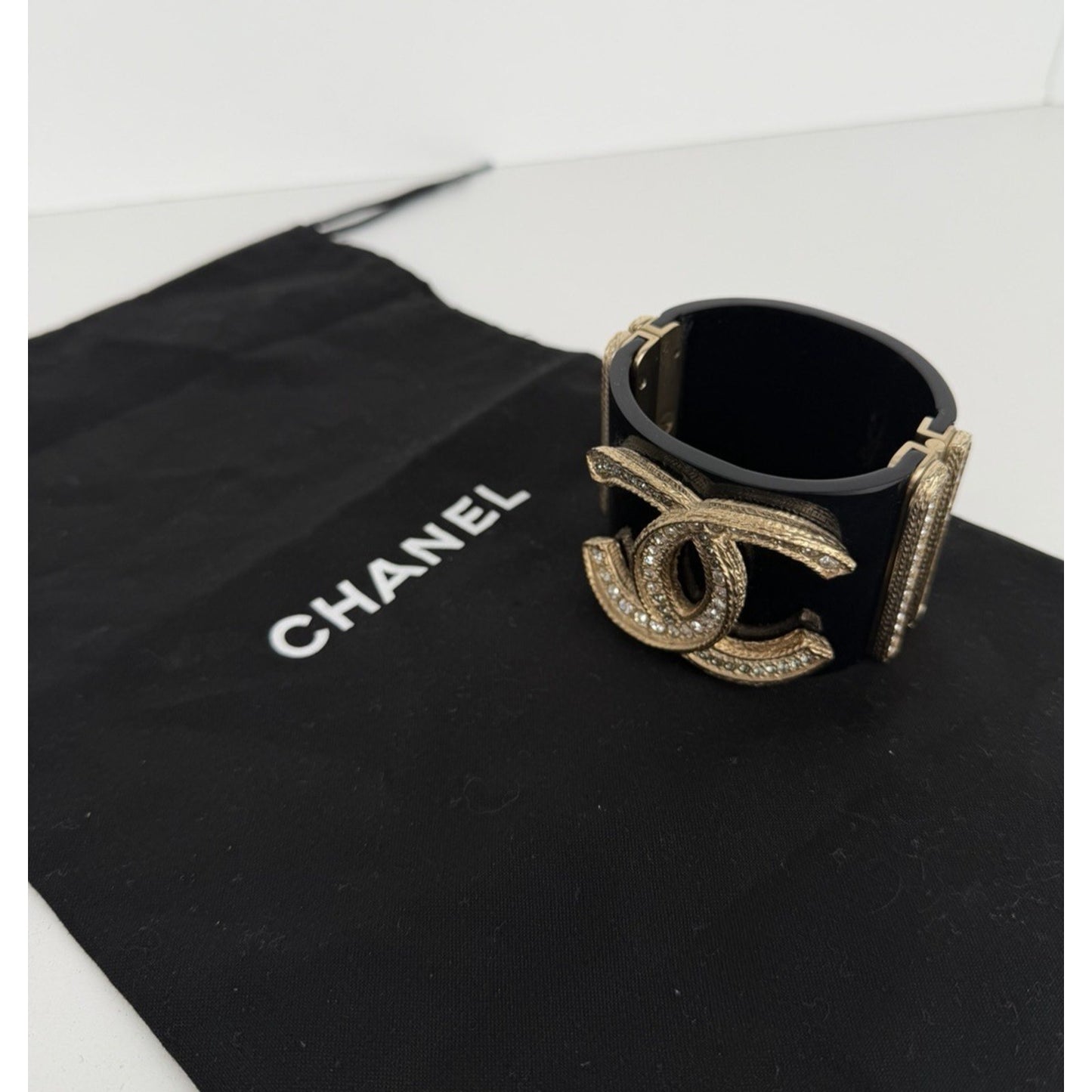 Chanel Resin & Crystal CC Hinged Cuff Wide Bracelet in Black & Gold