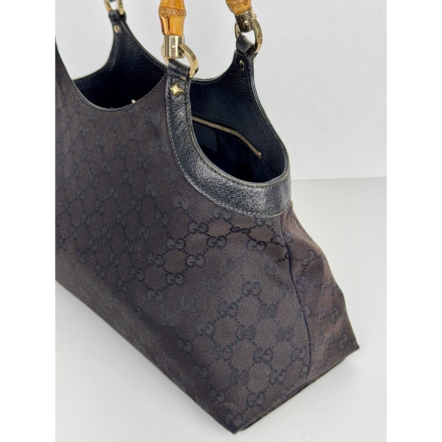Gucci GG Canvas Tote Bag in Black with Bamboo Handles D-7