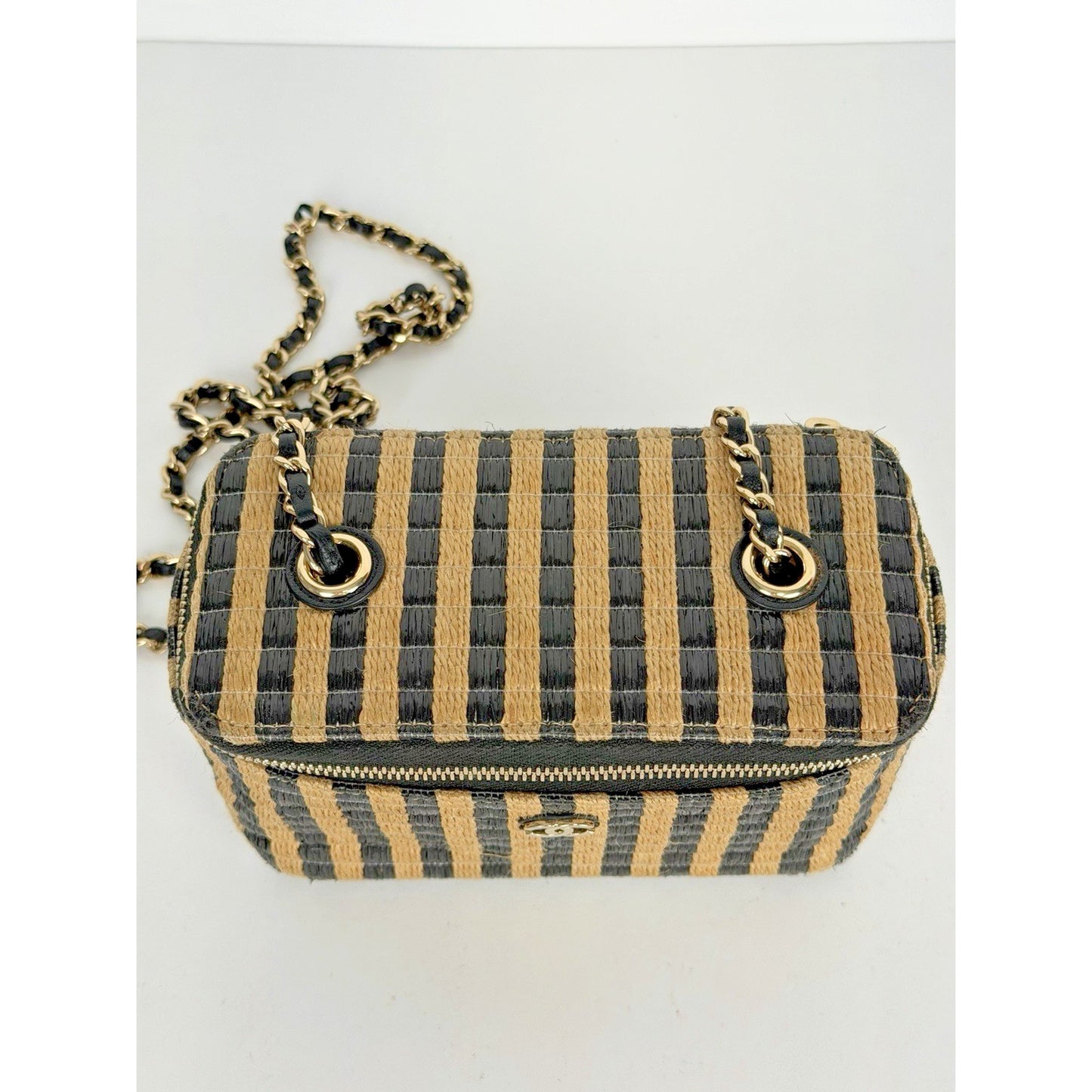 Chanel Classic Vanity Case with Chain Striped Raffia and Jute Small