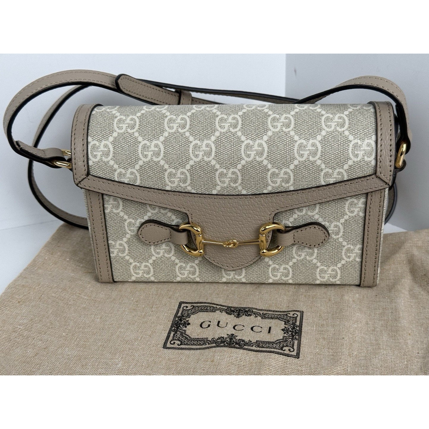Gucci GG Supreme Monogram Textured Dollar Calfskin Horsebit Shoulder Bag