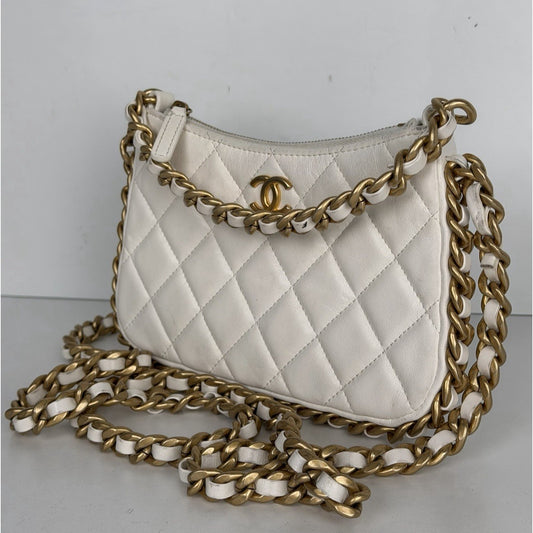 Chanel Lambskin Quilted Chain Around Top Handle Mini Bag White NFC D4